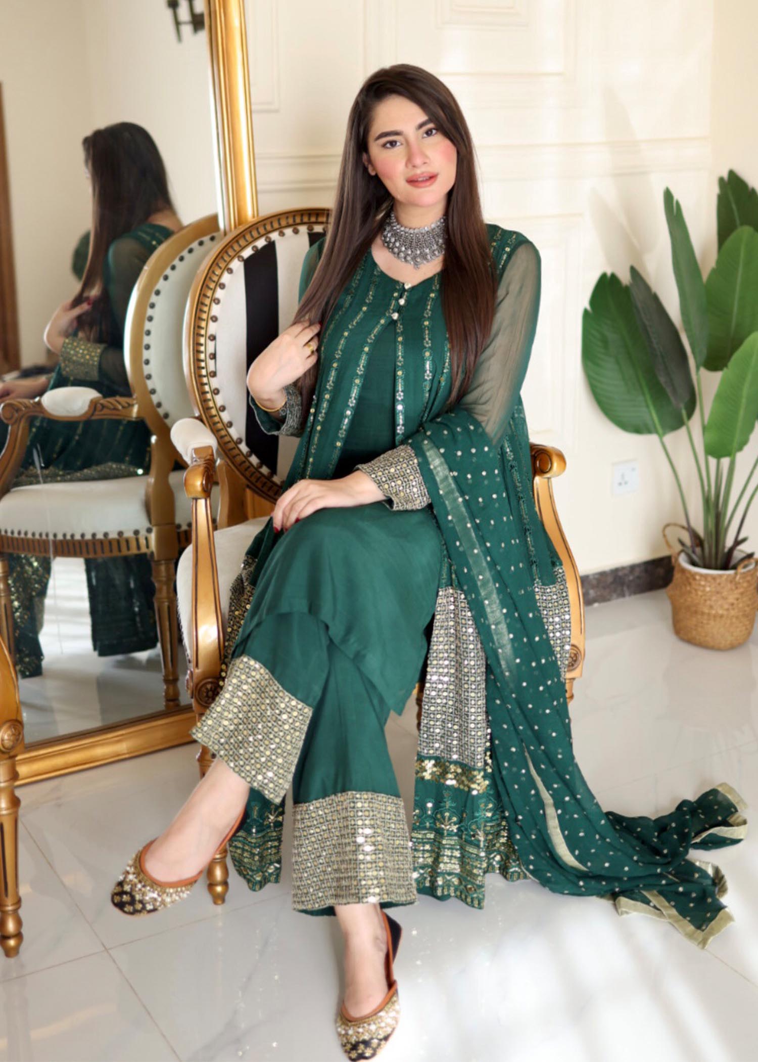 chikankari cotton Gown in Bottle green