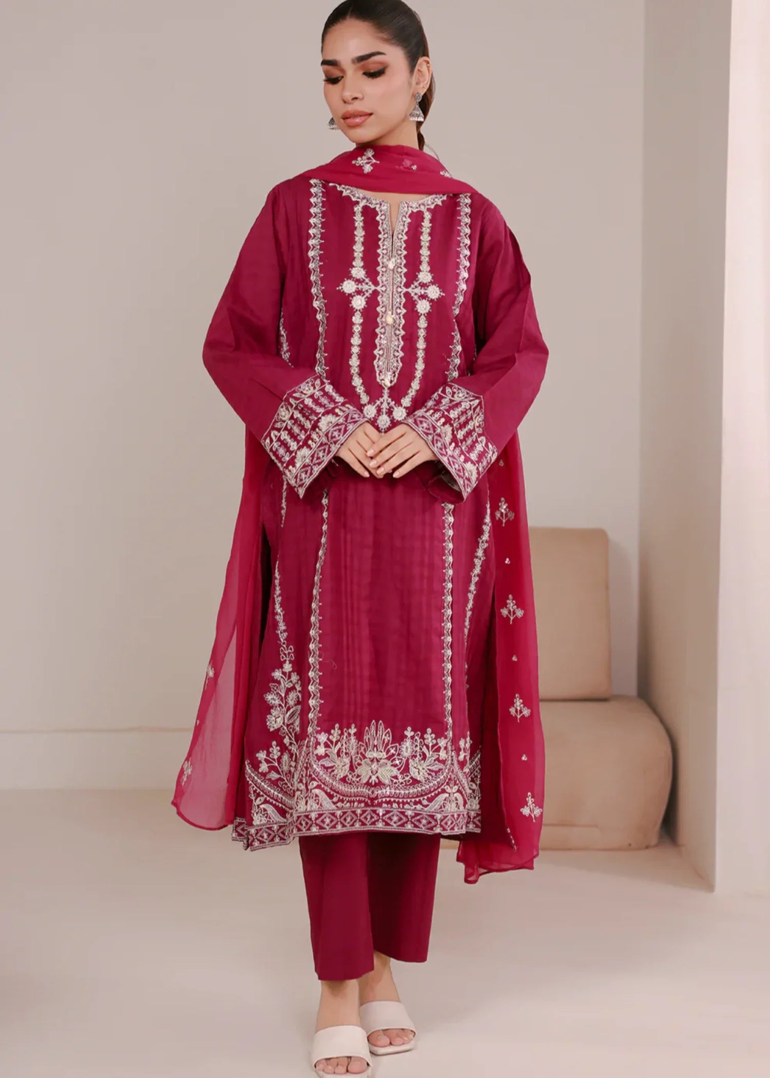 lawn Kurta Set in Magenta