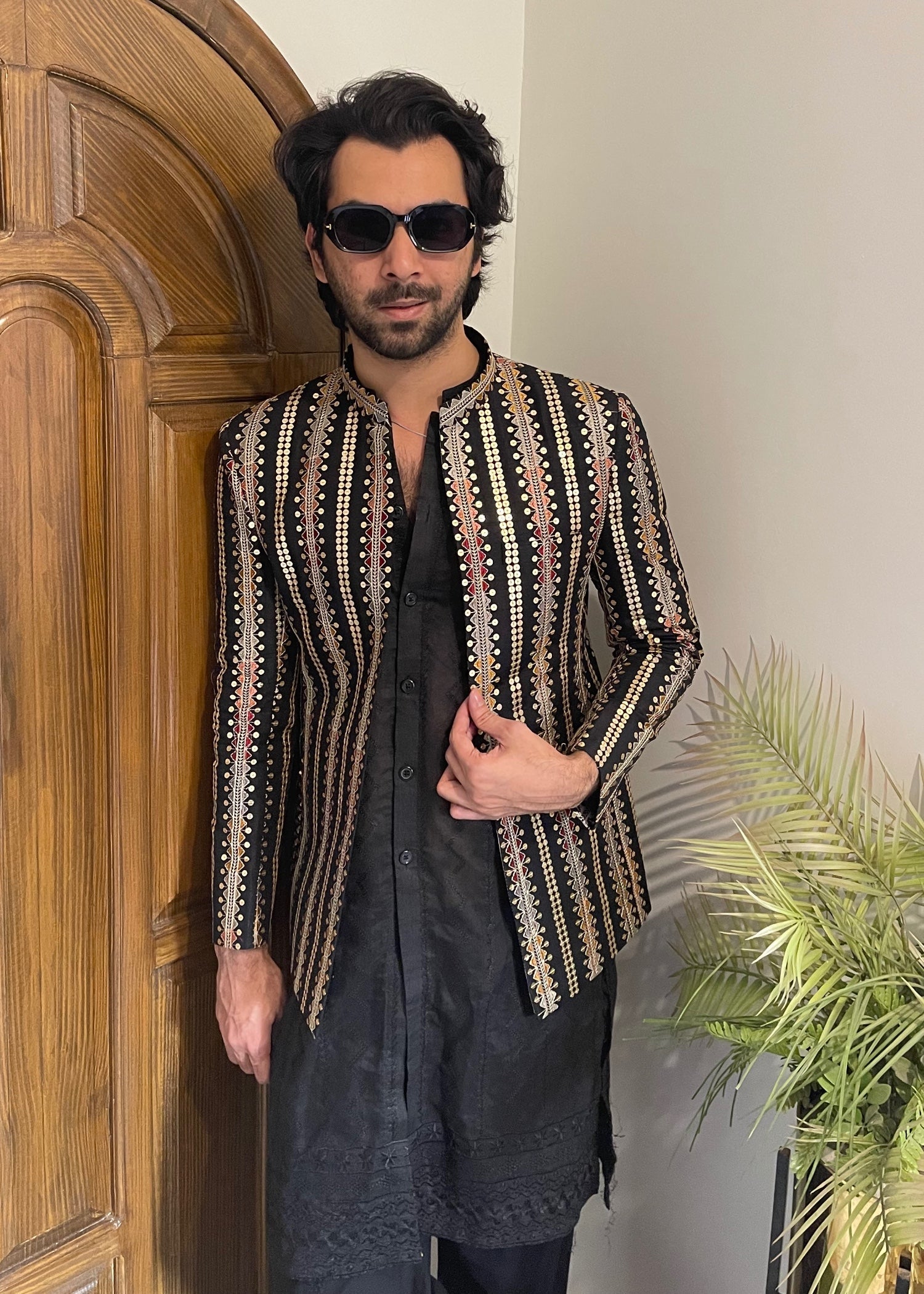 raw silk Prince Coat in Jet black