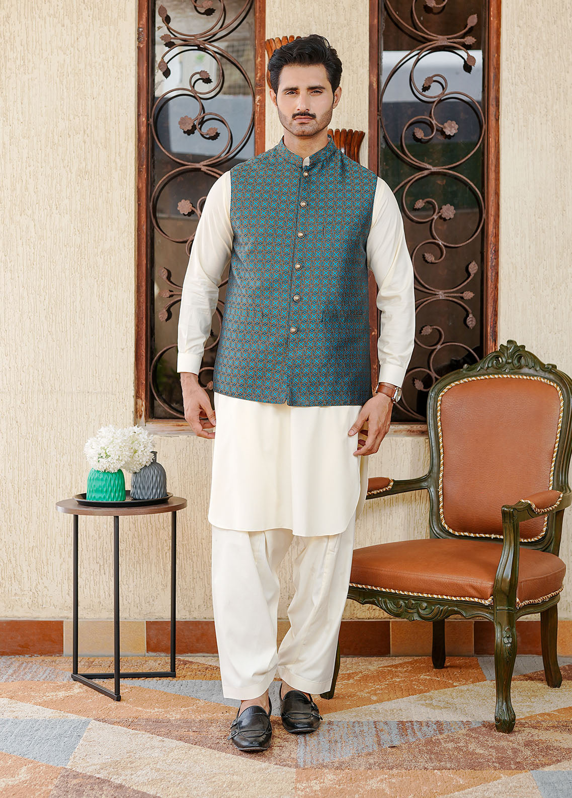 traditional jamawar Waistcoat in Multi by Real Image Clothing