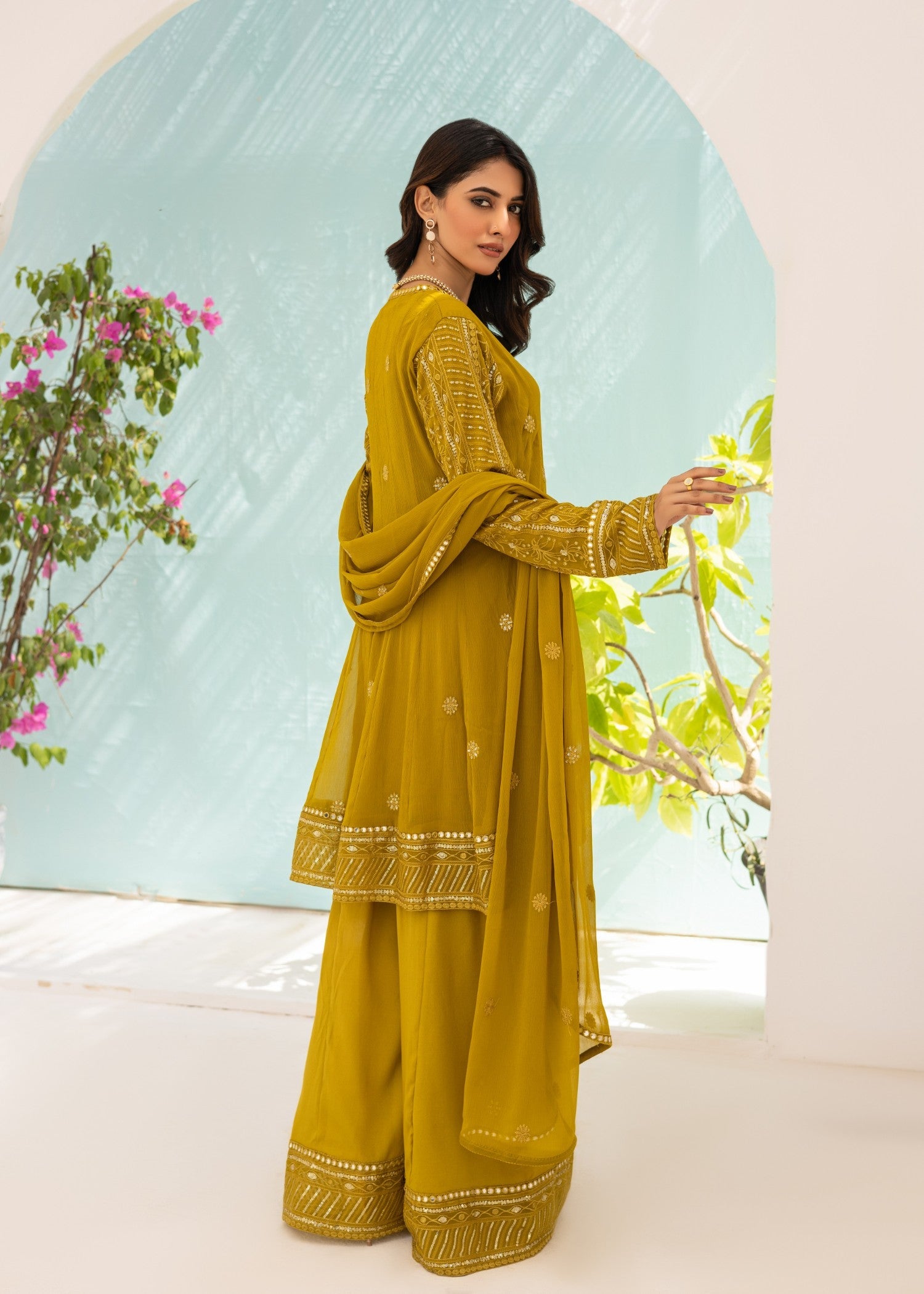 bemberg crinkle chiffon Peplum in Olive green
