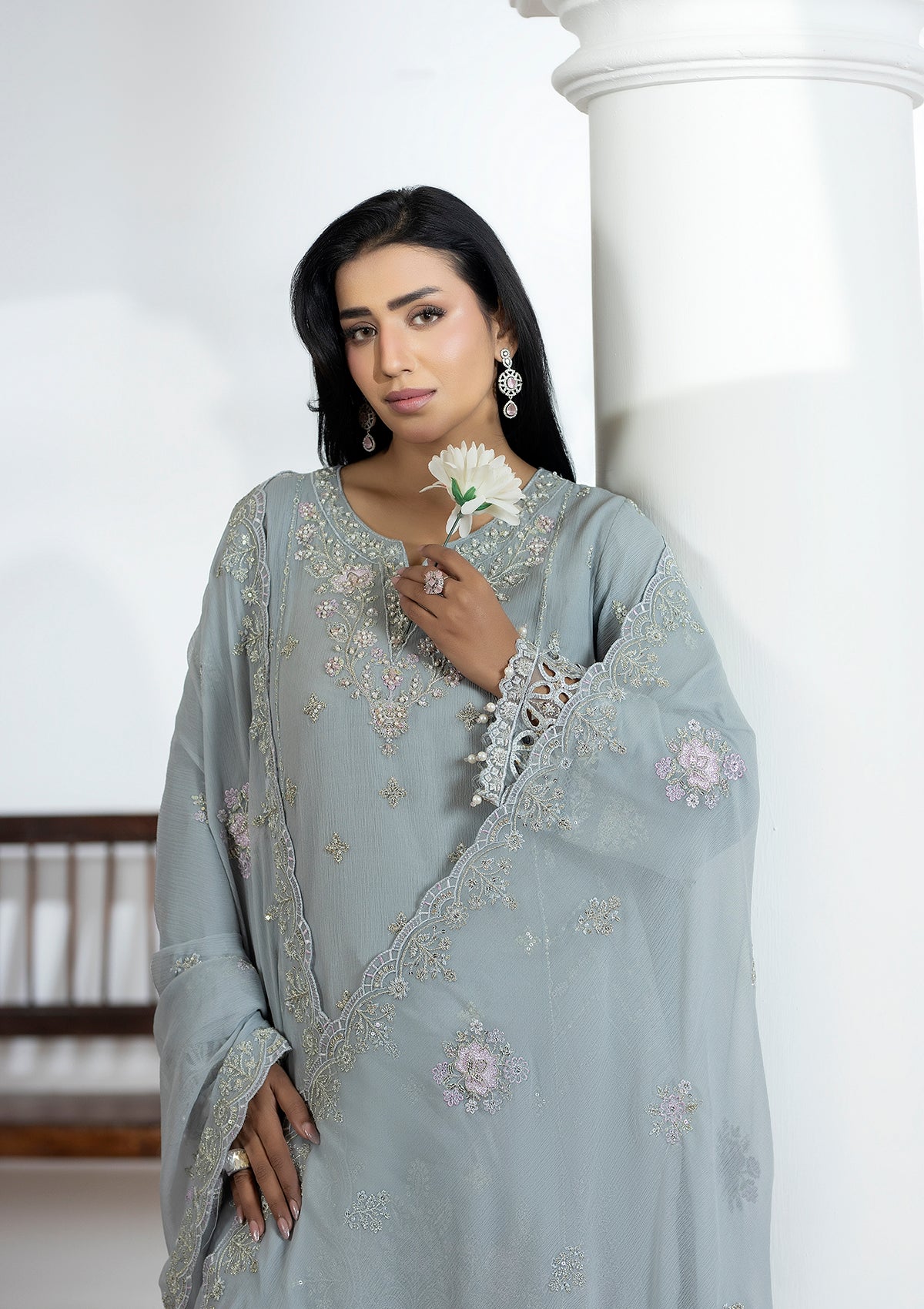 chiffon Kurta Set in Ash grey