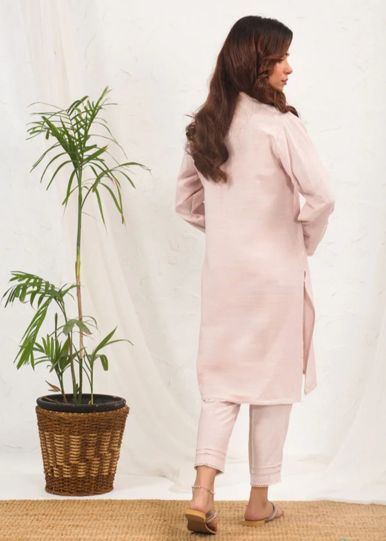 chambray Kurta Set in Baby pink