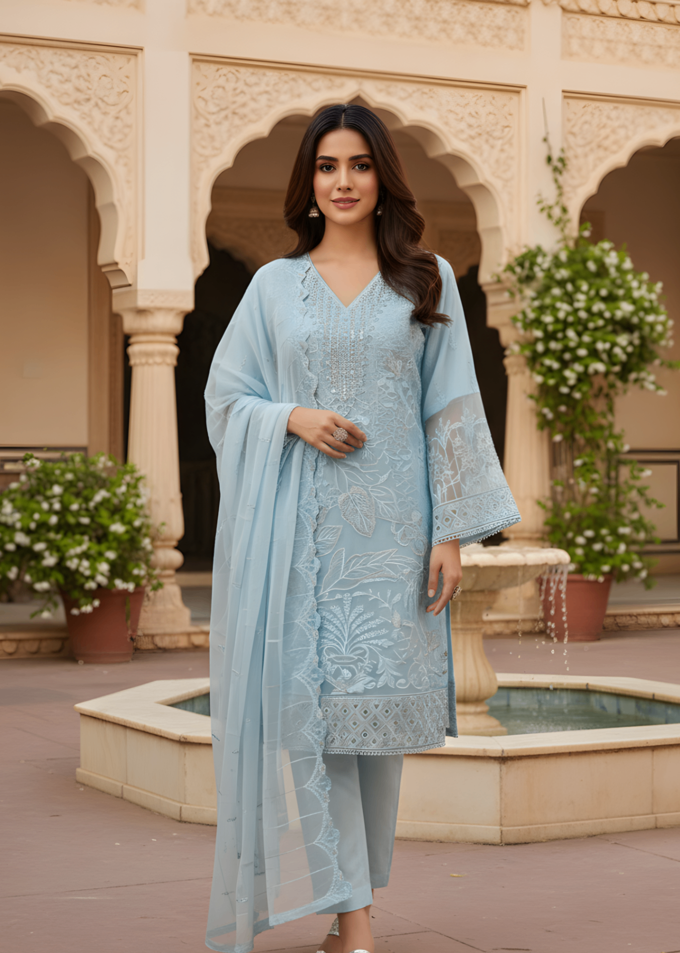 organza Kurta Set in Sky