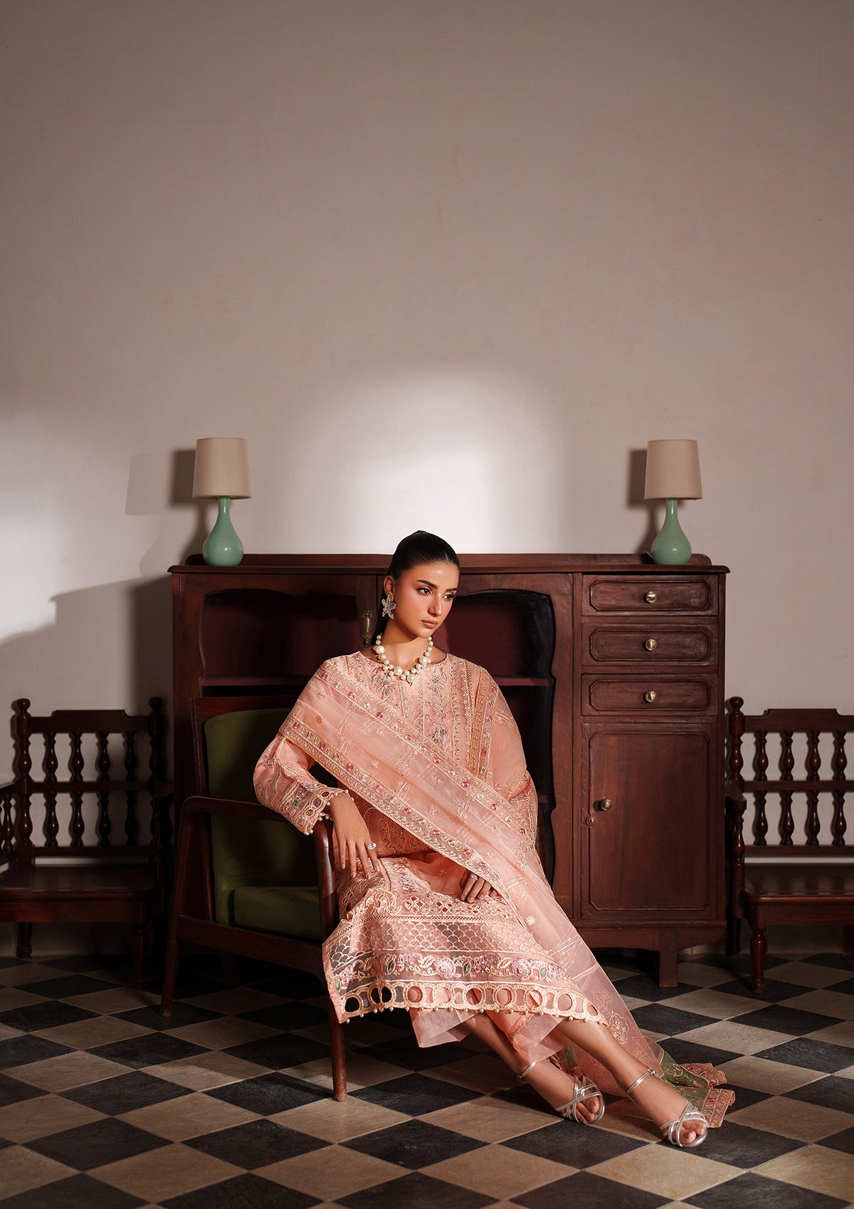 organza Kurta Set in Peach pink