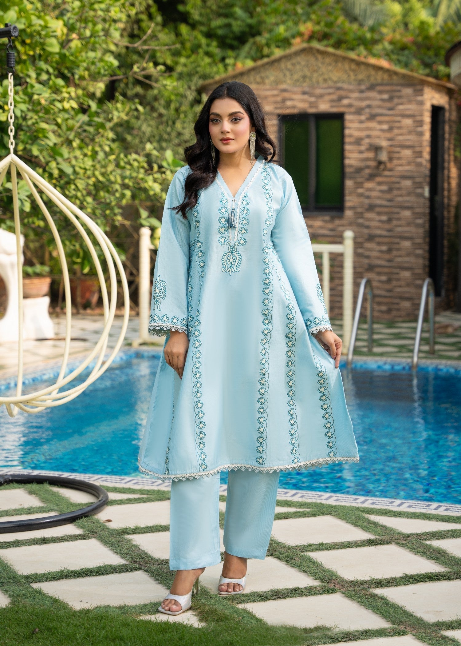 khaddi net Pishwas in Sky blue