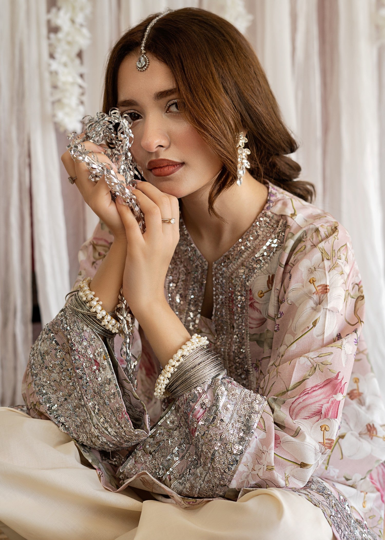 lawn Kurta Set in Baby pink, off-white