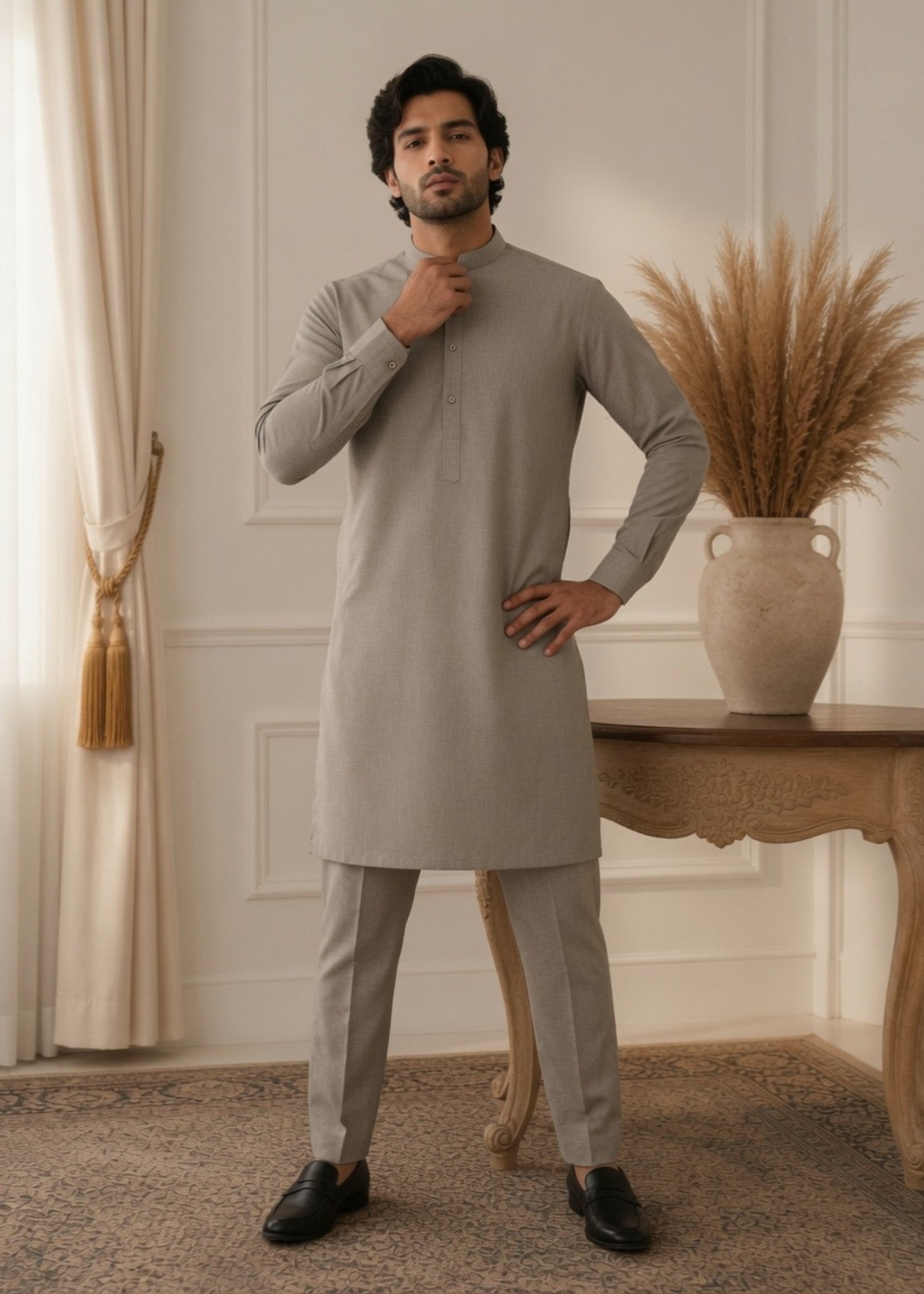 wash & wear Kurta Set in Stone grey