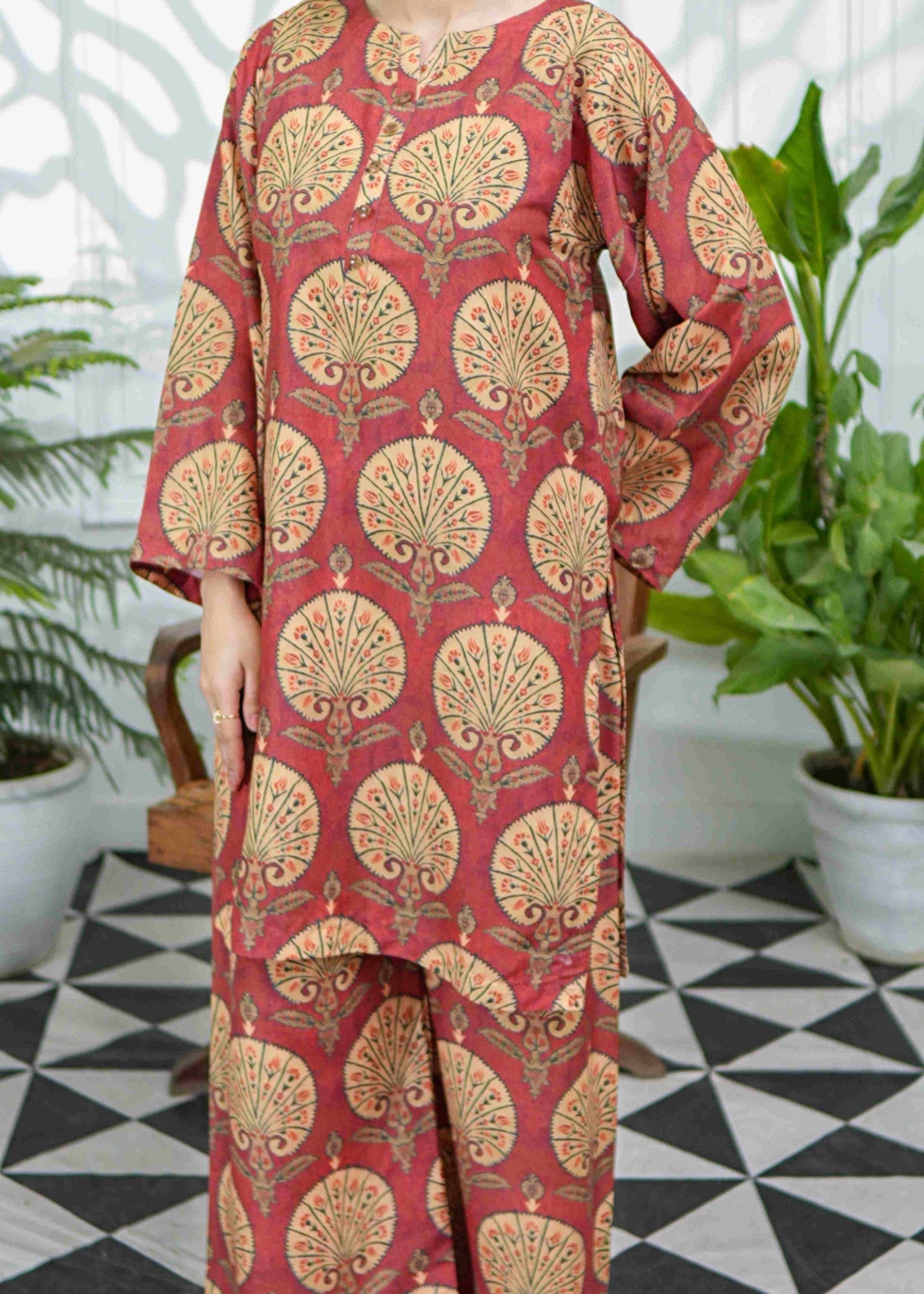 swiss lawn Kurta Set in Rust orange