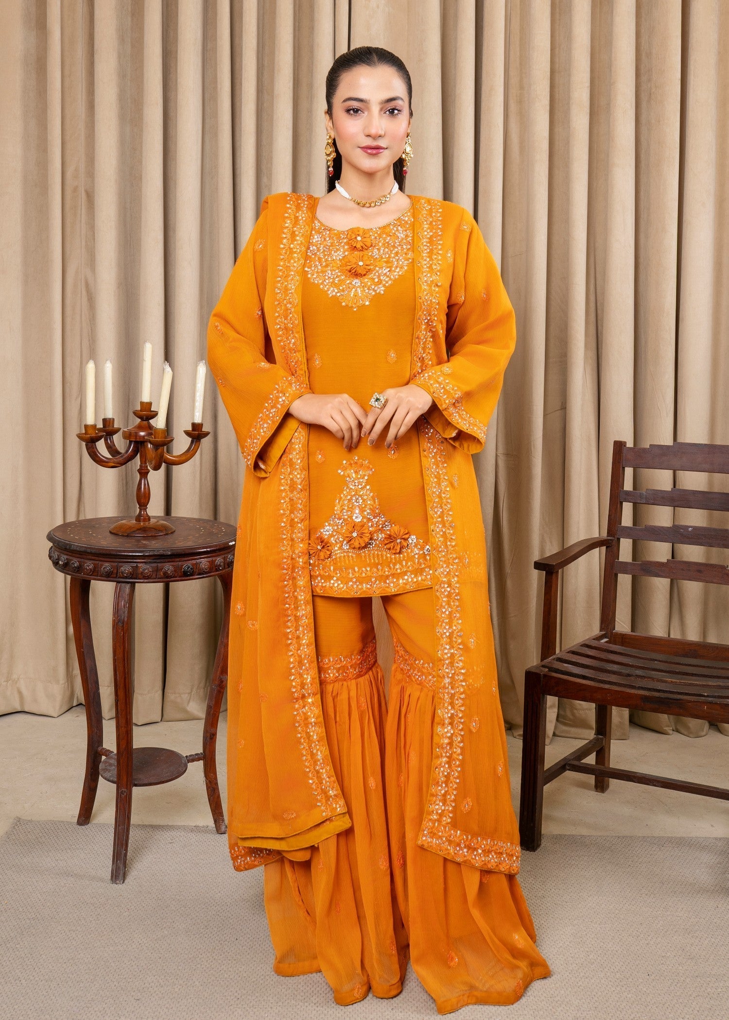 chiffon Gharara in Mustard