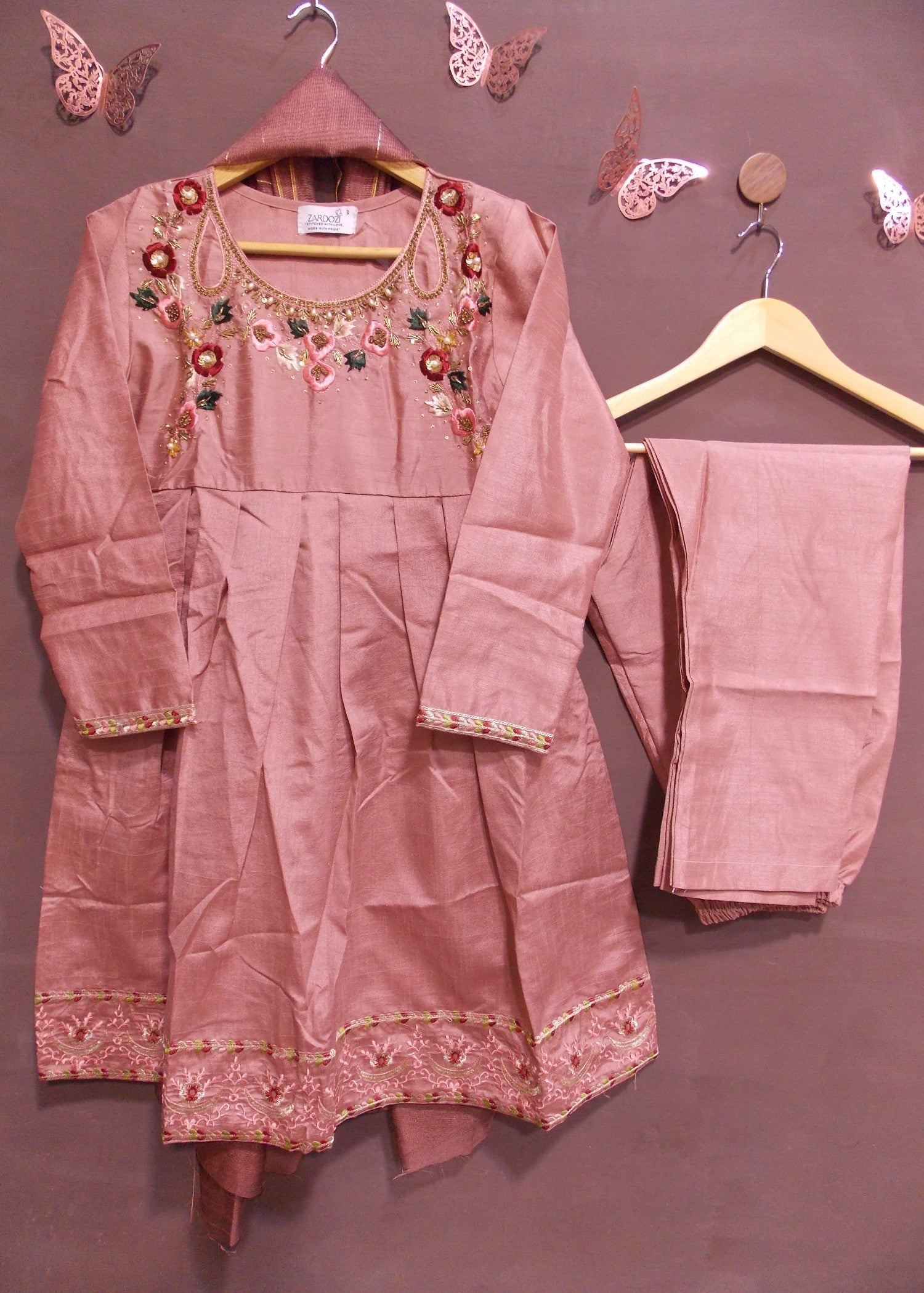 raw silk Short Frock in Peach pink