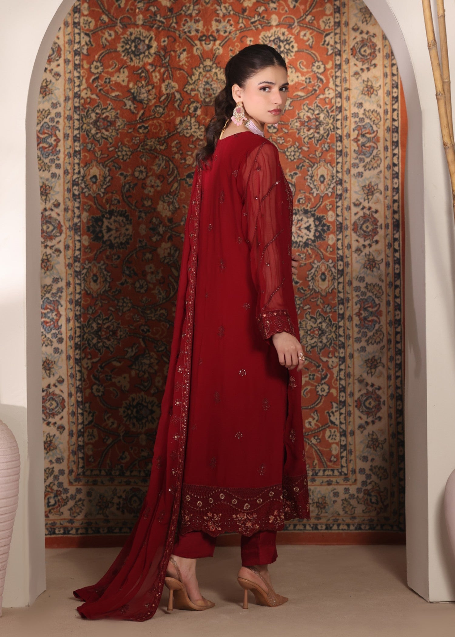 chiffon Kurta Set in Crimson