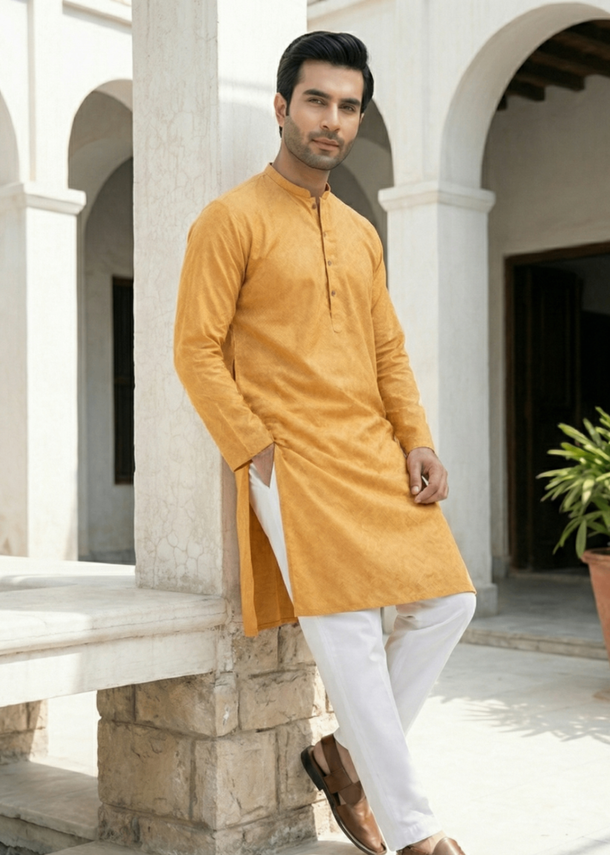 cotton jamawar Kurta in Mustard, yellow