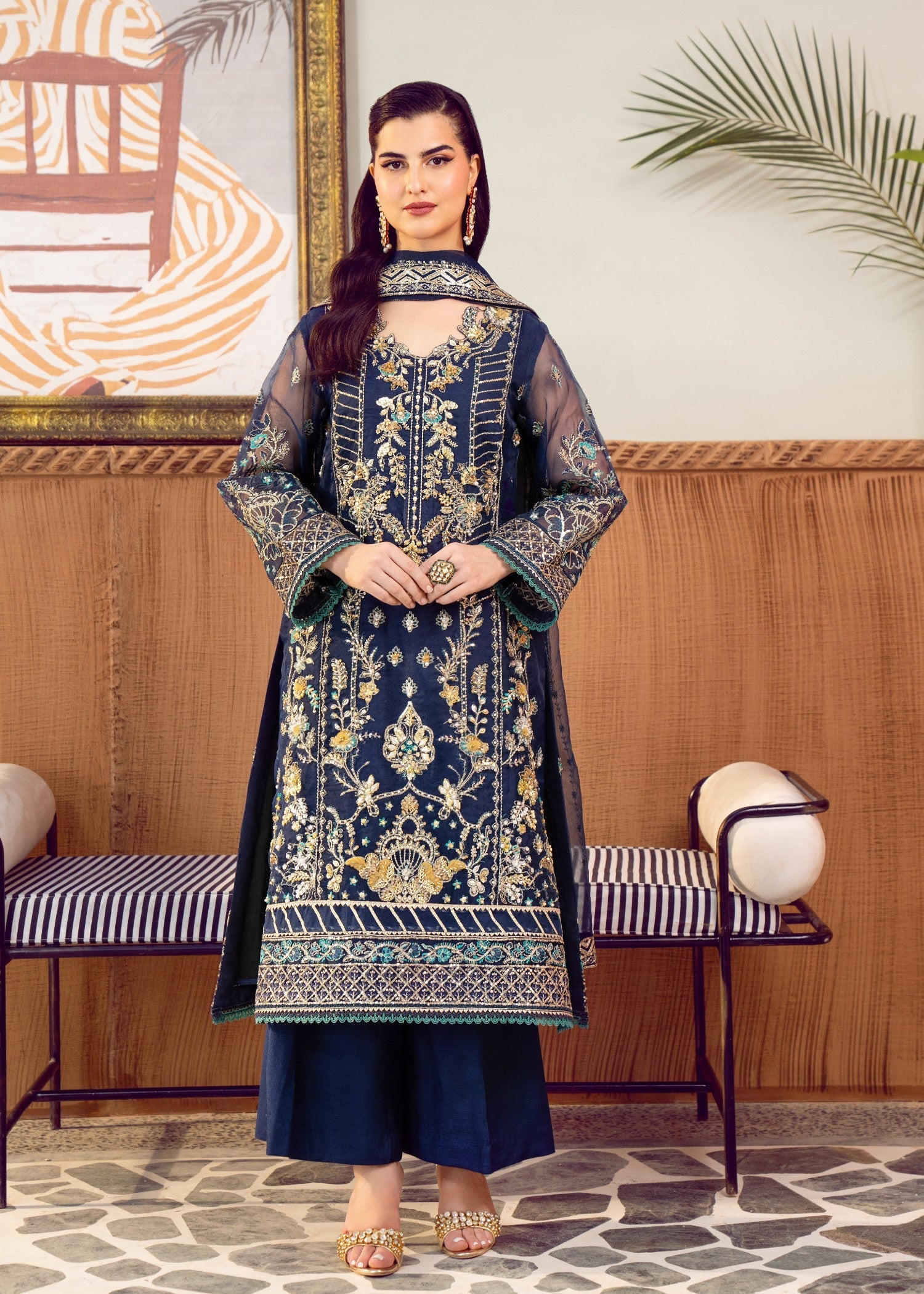 organza Unstitched in Navy blue