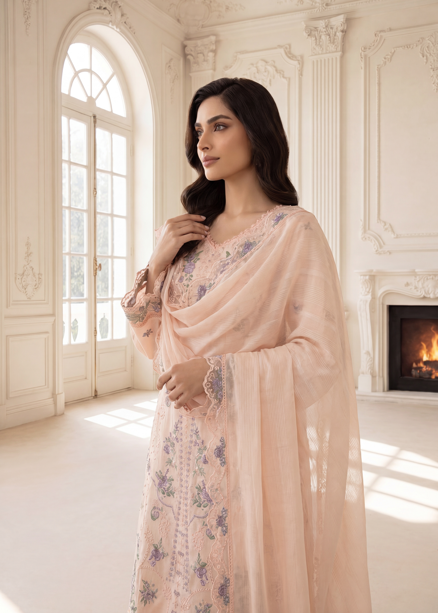 slub lawn Kurta Set in Peach orange