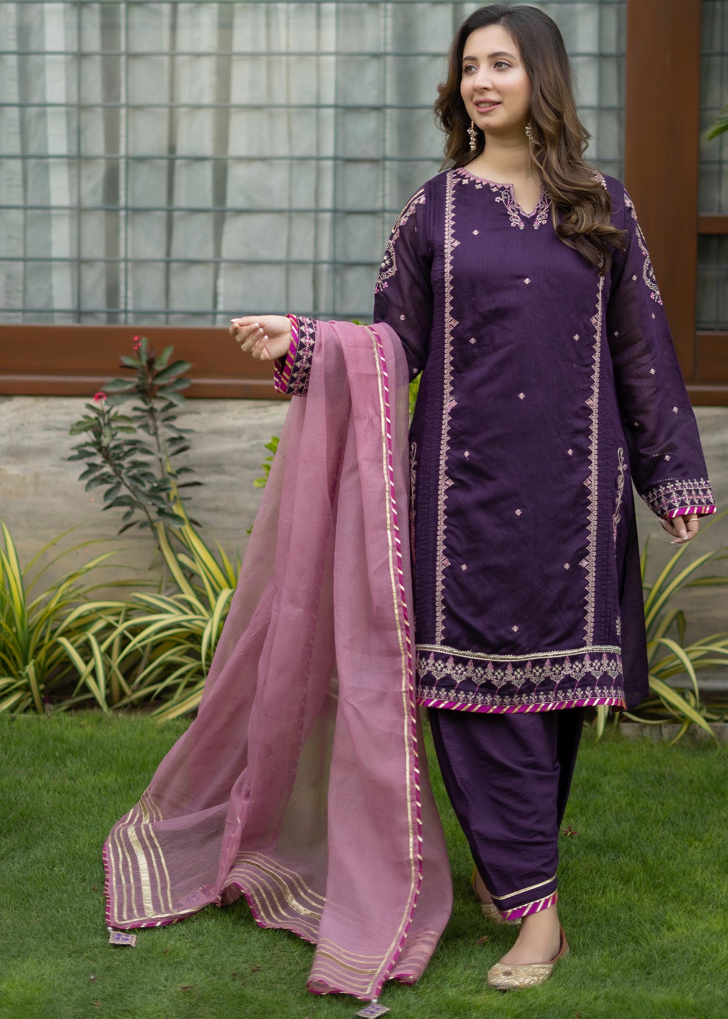 net Kurta Set in Purple