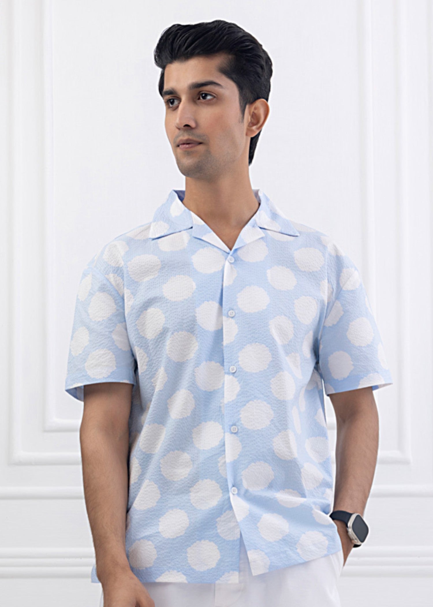 cotton Casual Shirt in Off-white, ice blue