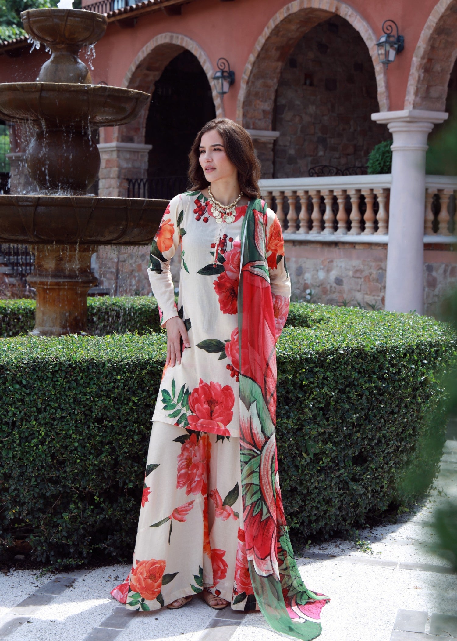 lawn Sharara in Red, white