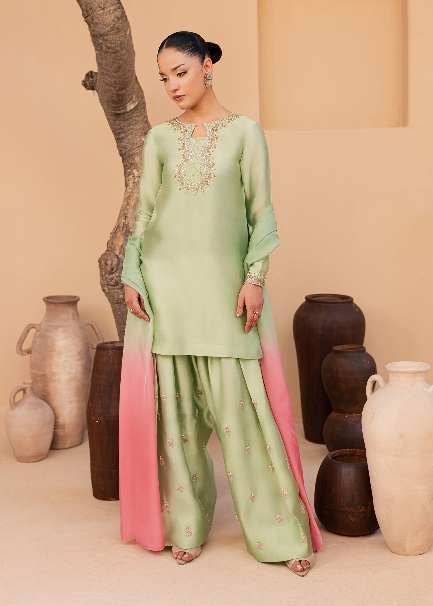 tussar silk Kurta Set in Mint green