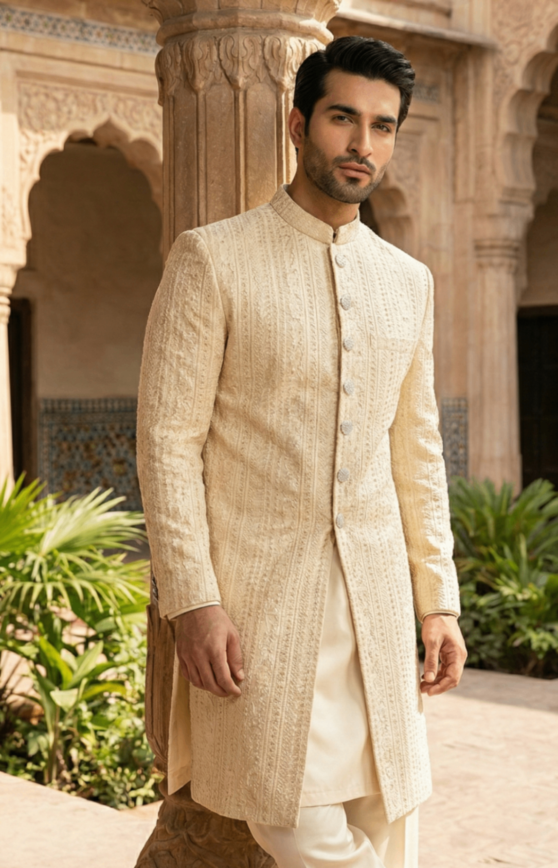 silk Sherwani in White, gold, ivory by Dulha Fashion House