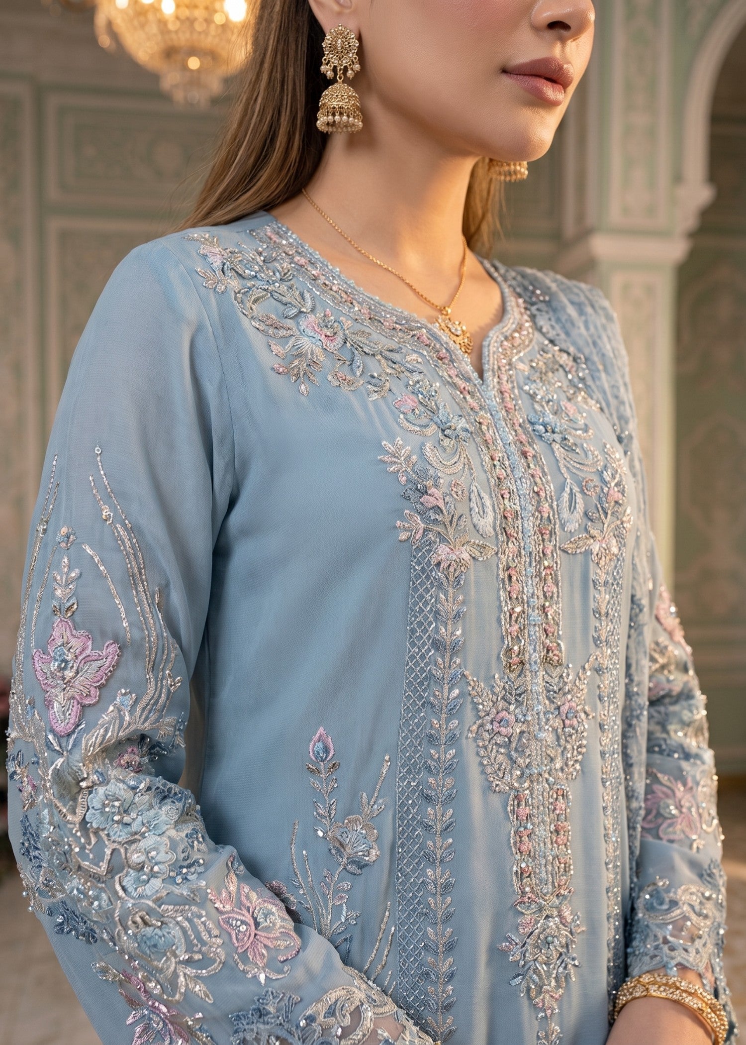 chiffon Kurta Set in Sky