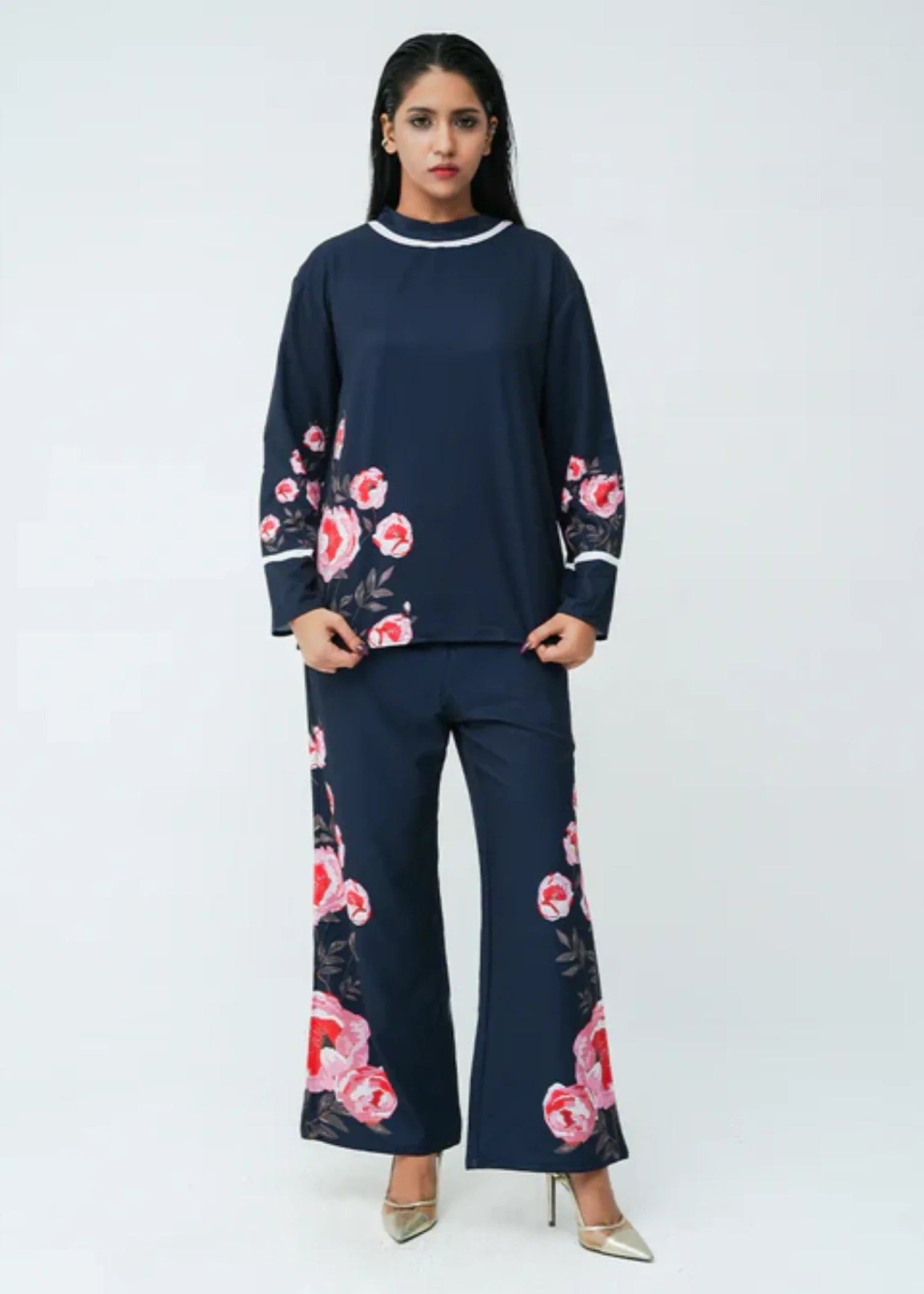 blended satin polyester Co ord Sets in Navy blue