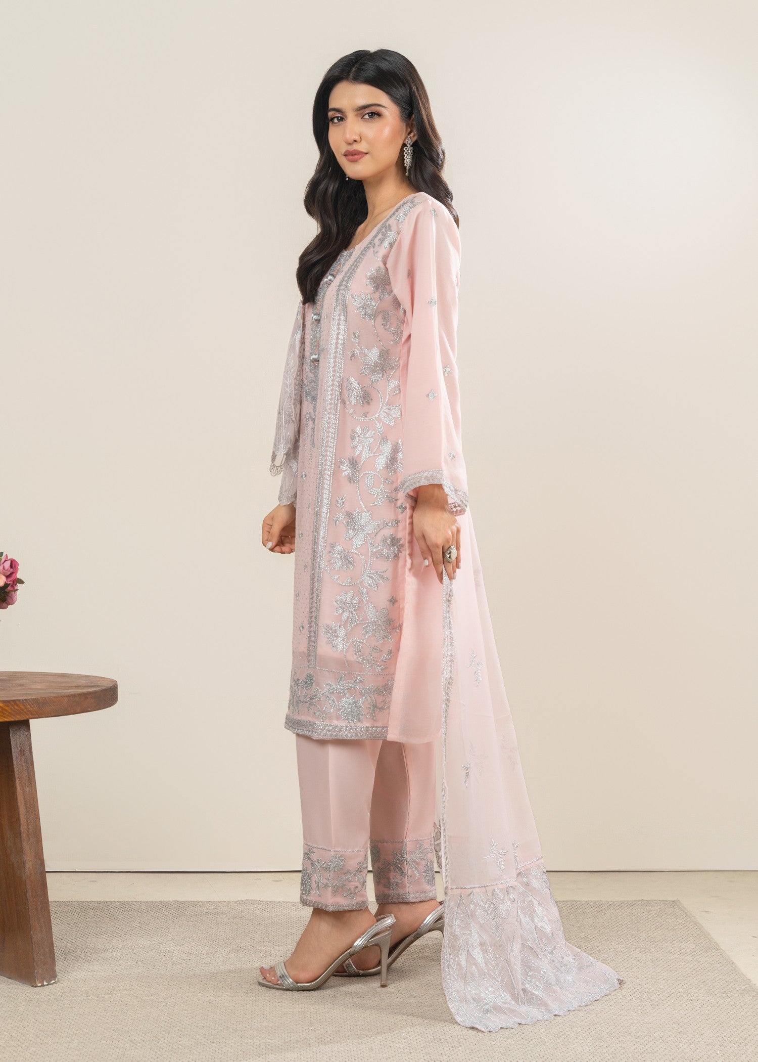 chiffon Kurta Set in Pale pink