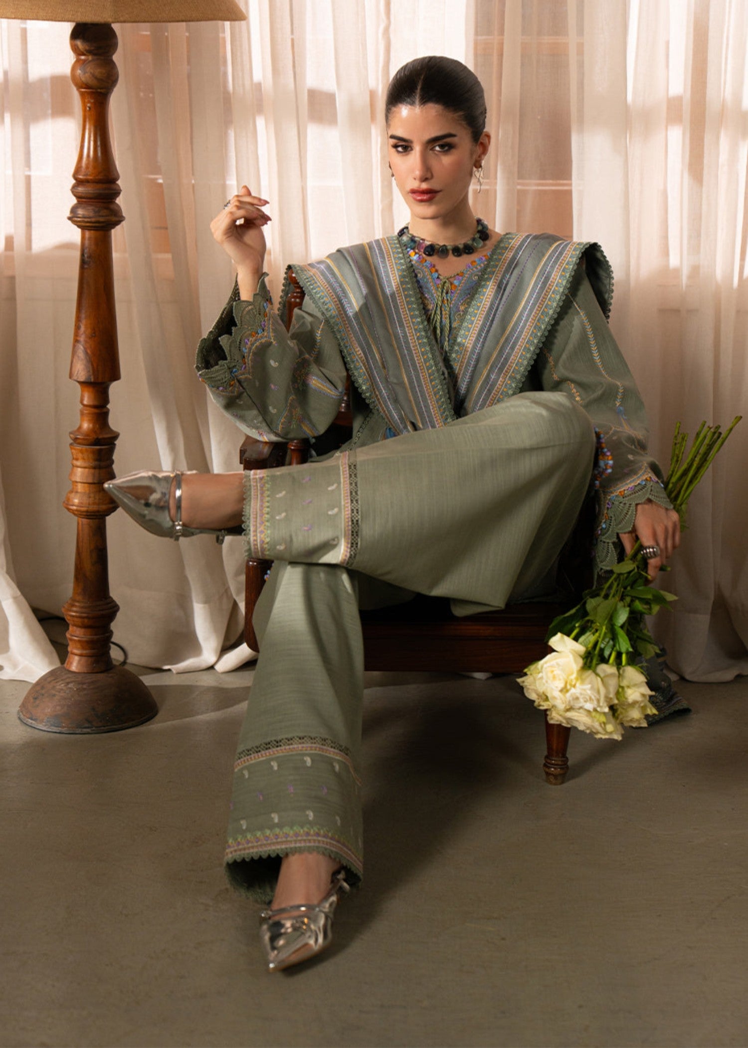 khaddar Unstitched in Sage green