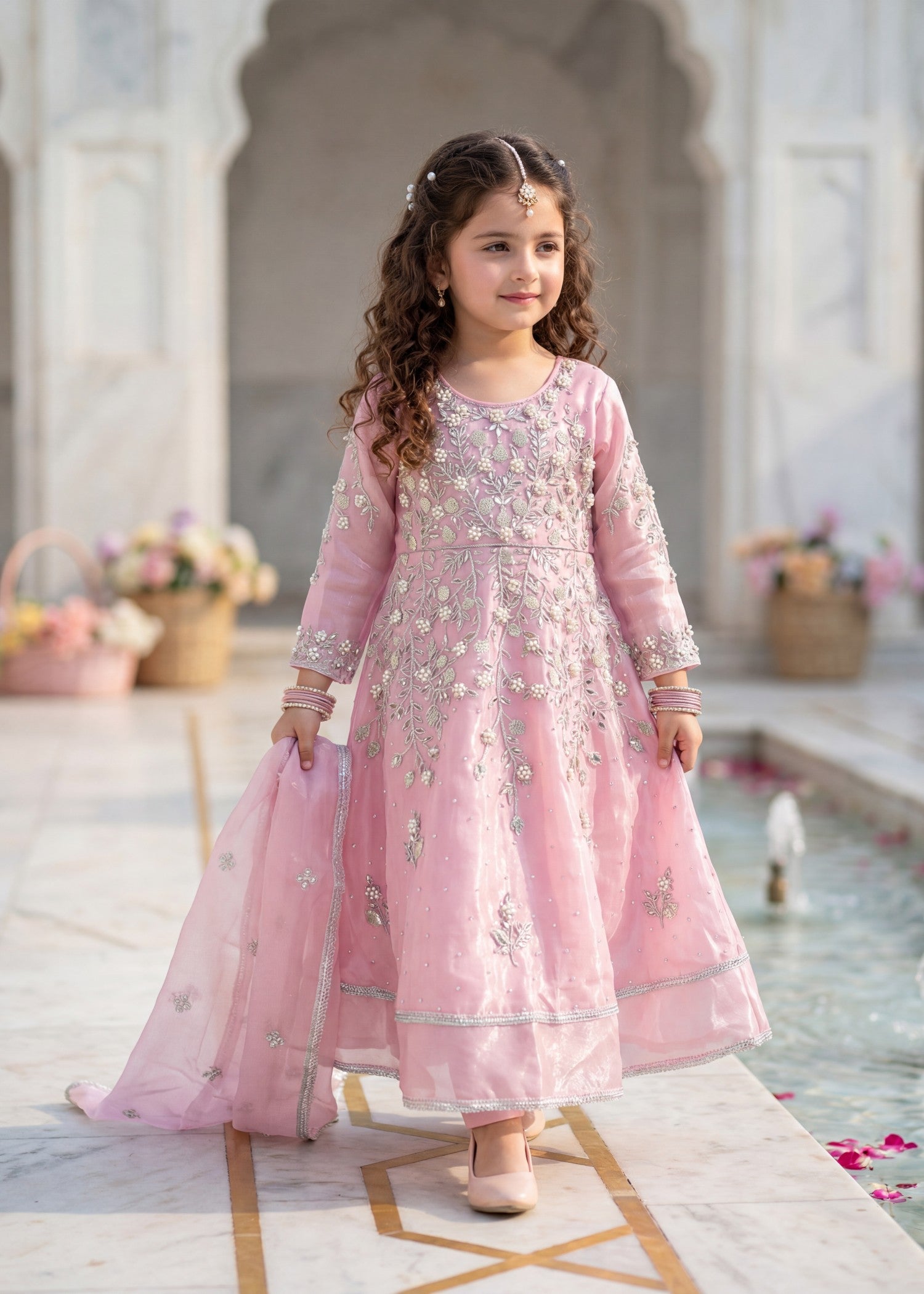 tissue silk Pishwas in Pastel pink