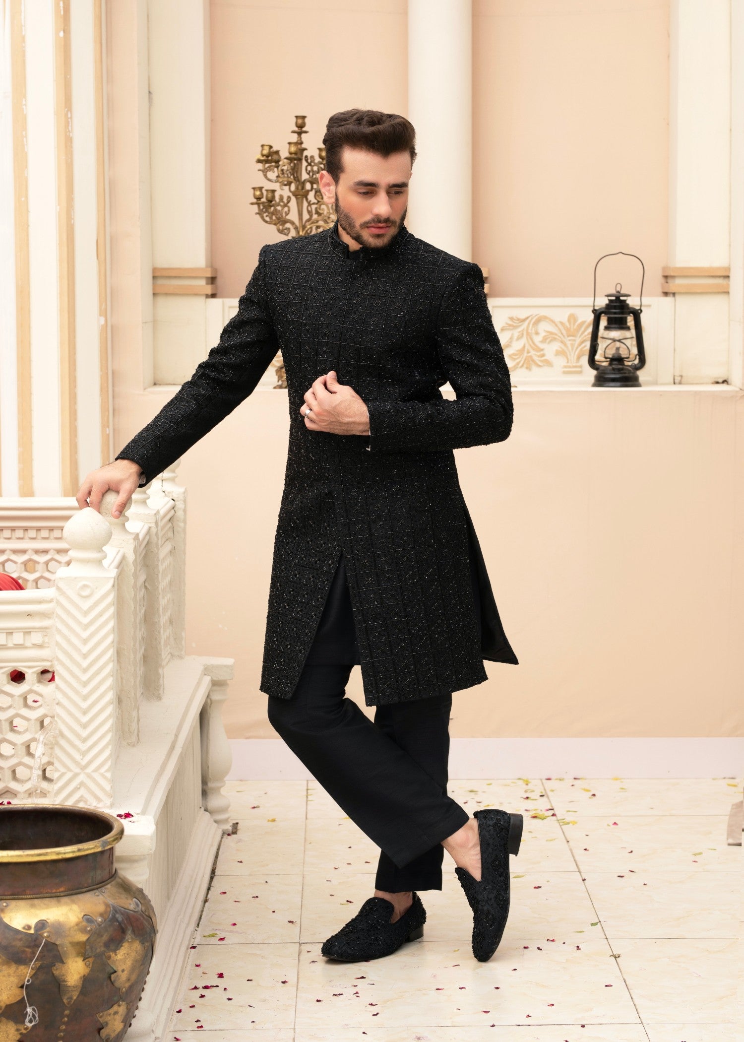 cotton silk Sherwani in Black