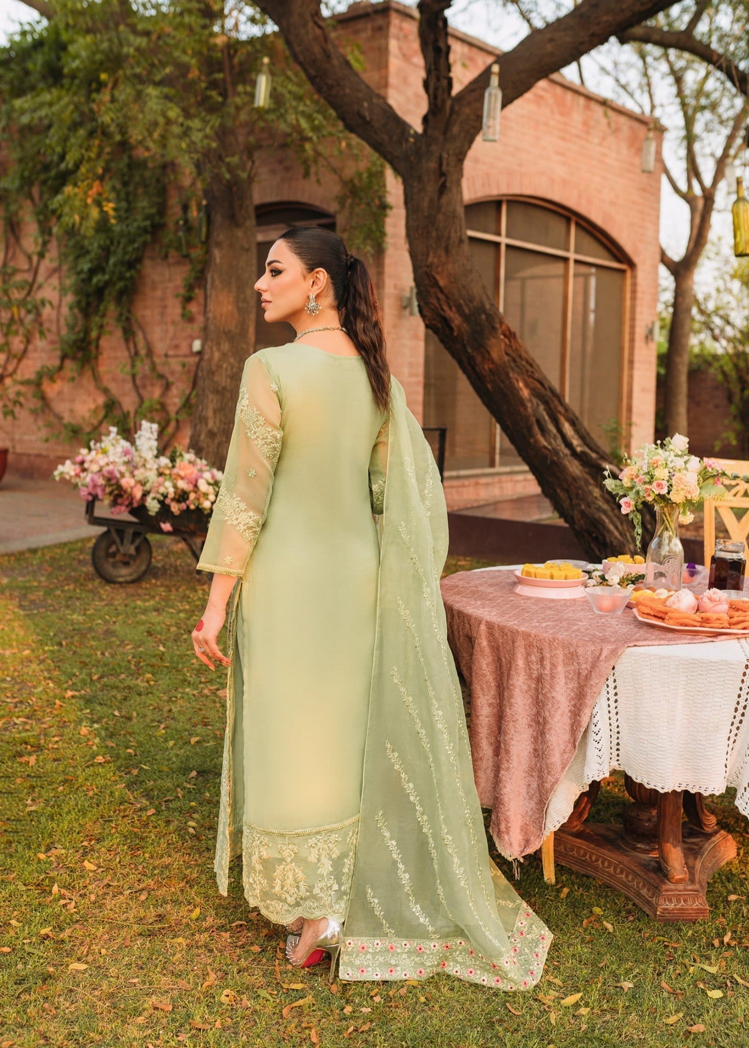 cotton net Kurta Set in Pistachio green
