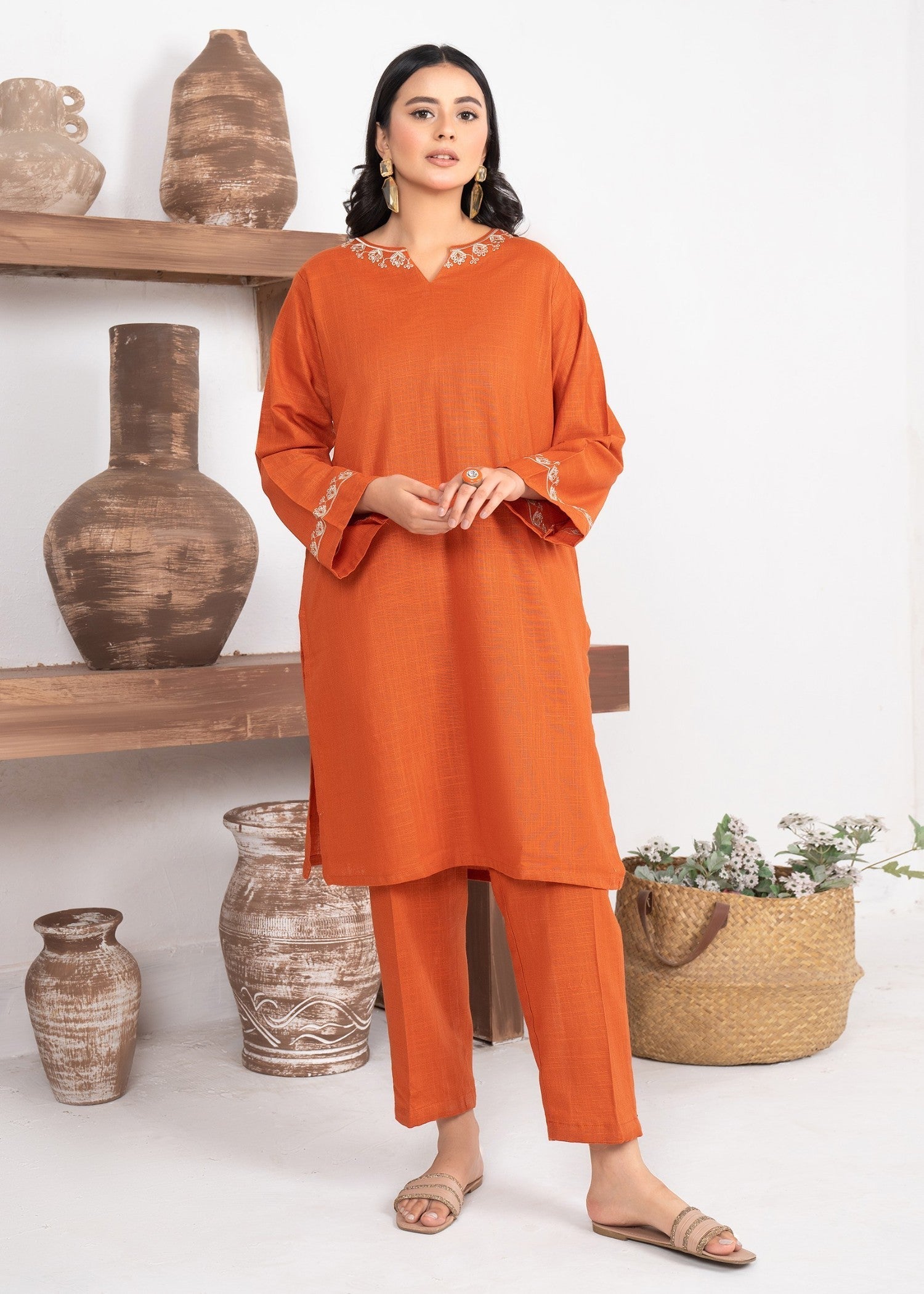 slub khaddar Co Ord Sets in Pumpkin orange