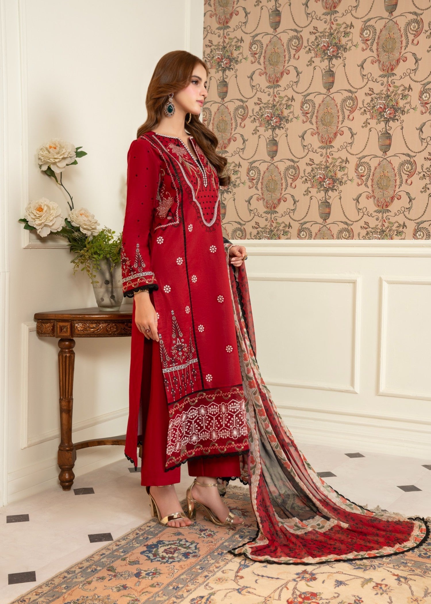 lawn cotton Kurta Set in Red