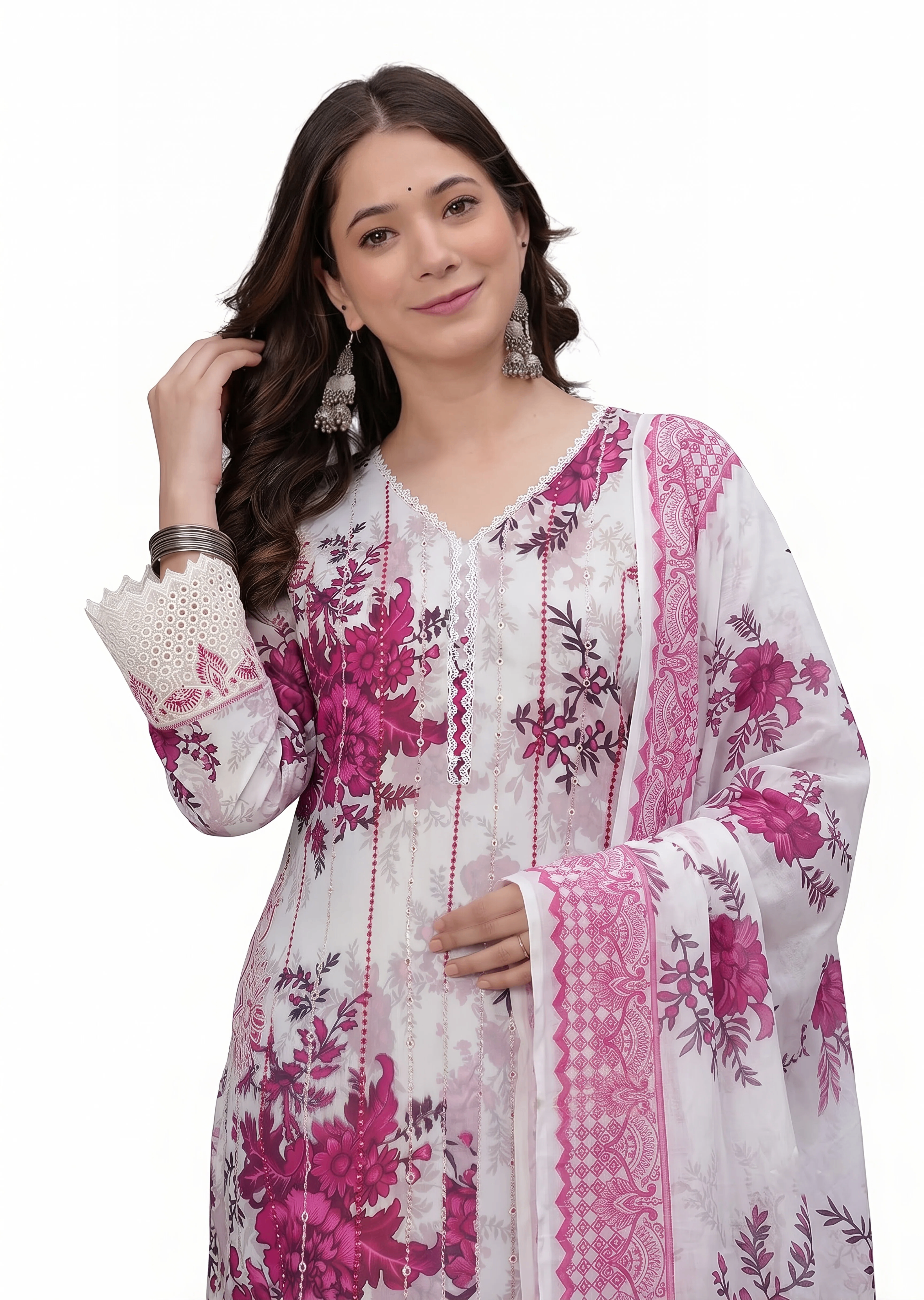 lawn cotton Kurta Set in Off-white, fuchsia pink