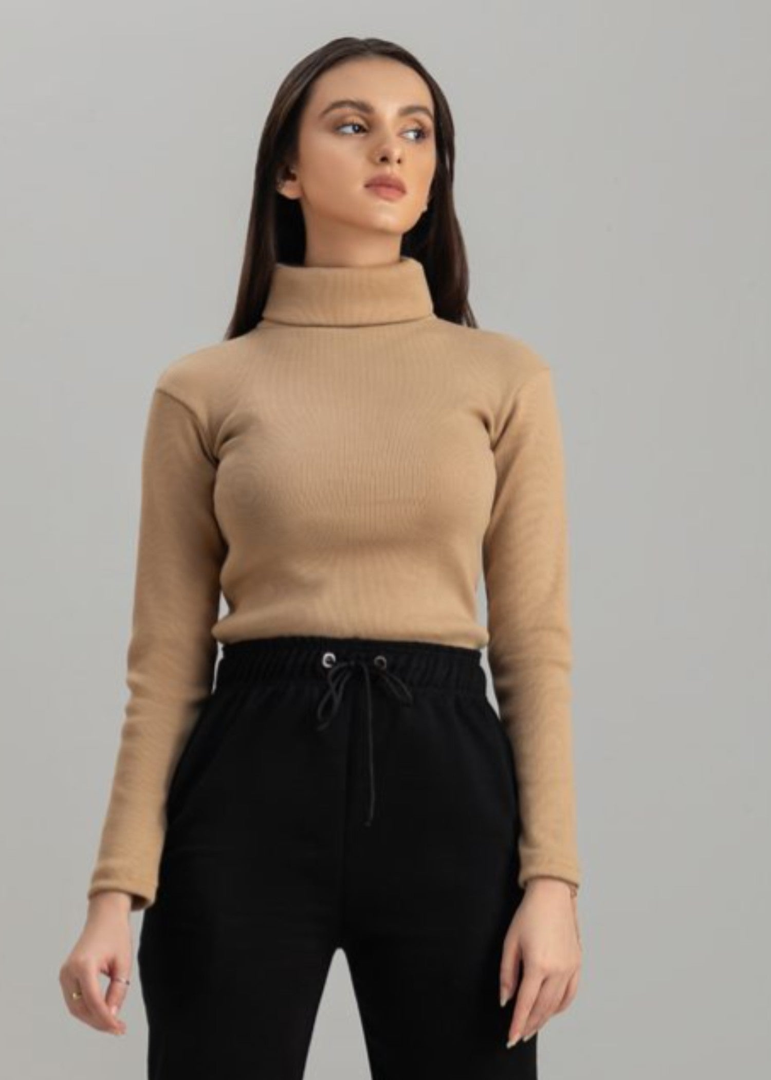 jersey knit Turtle Neck in Tan brown