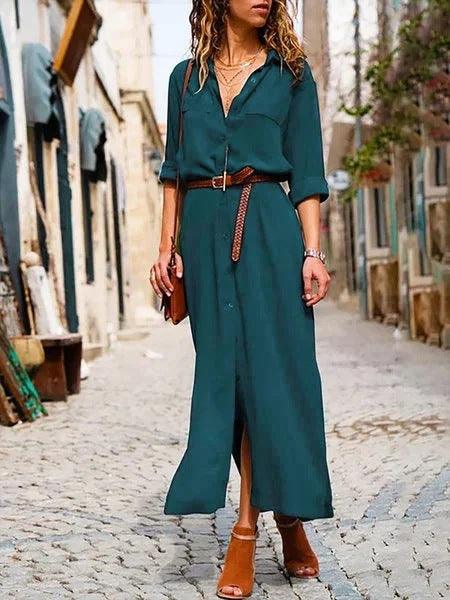 Women's Split Long Dress Skirt - Solid Color, Long Sleeves for Elegant Look