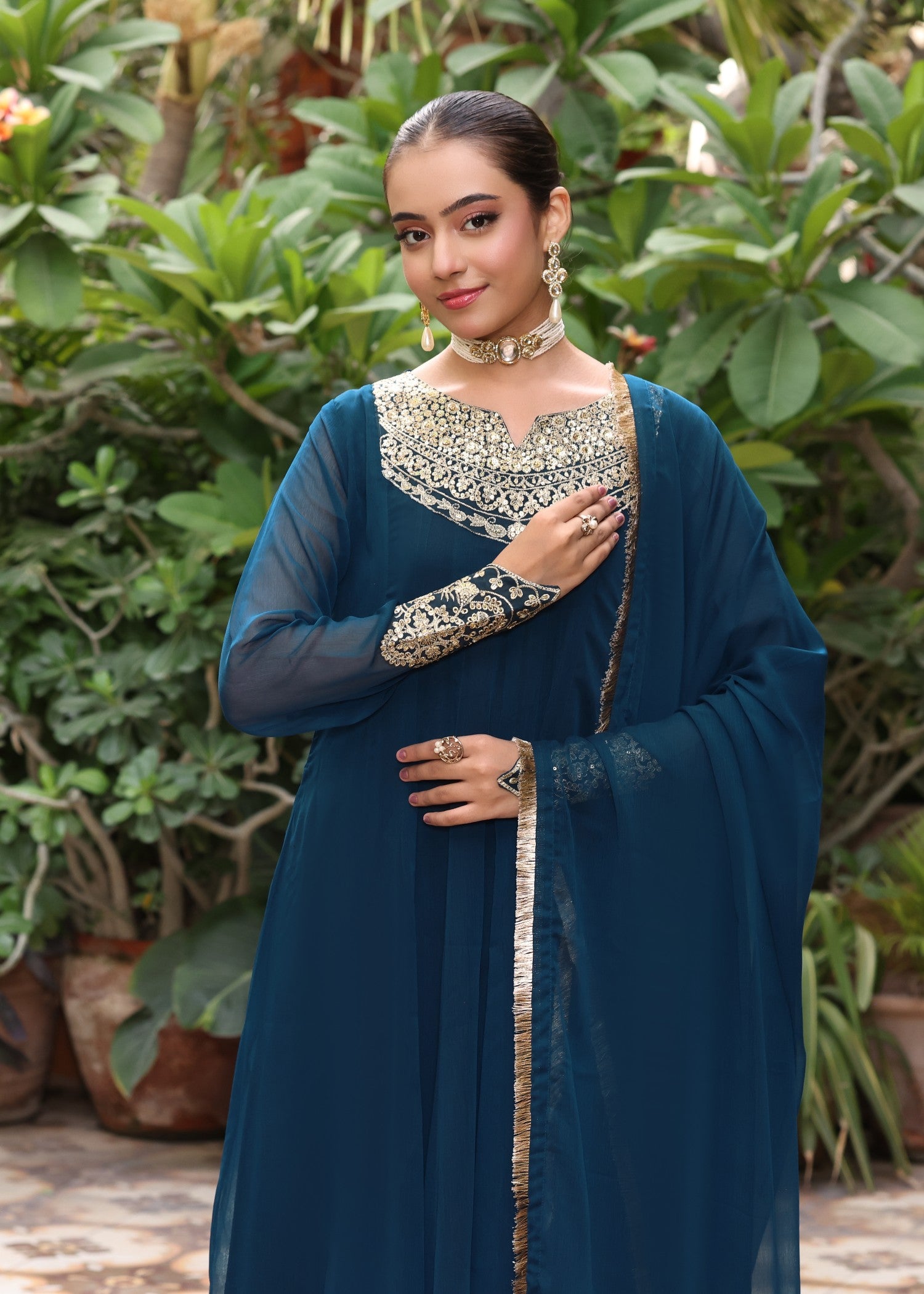 chiffon Pishwas in Teal