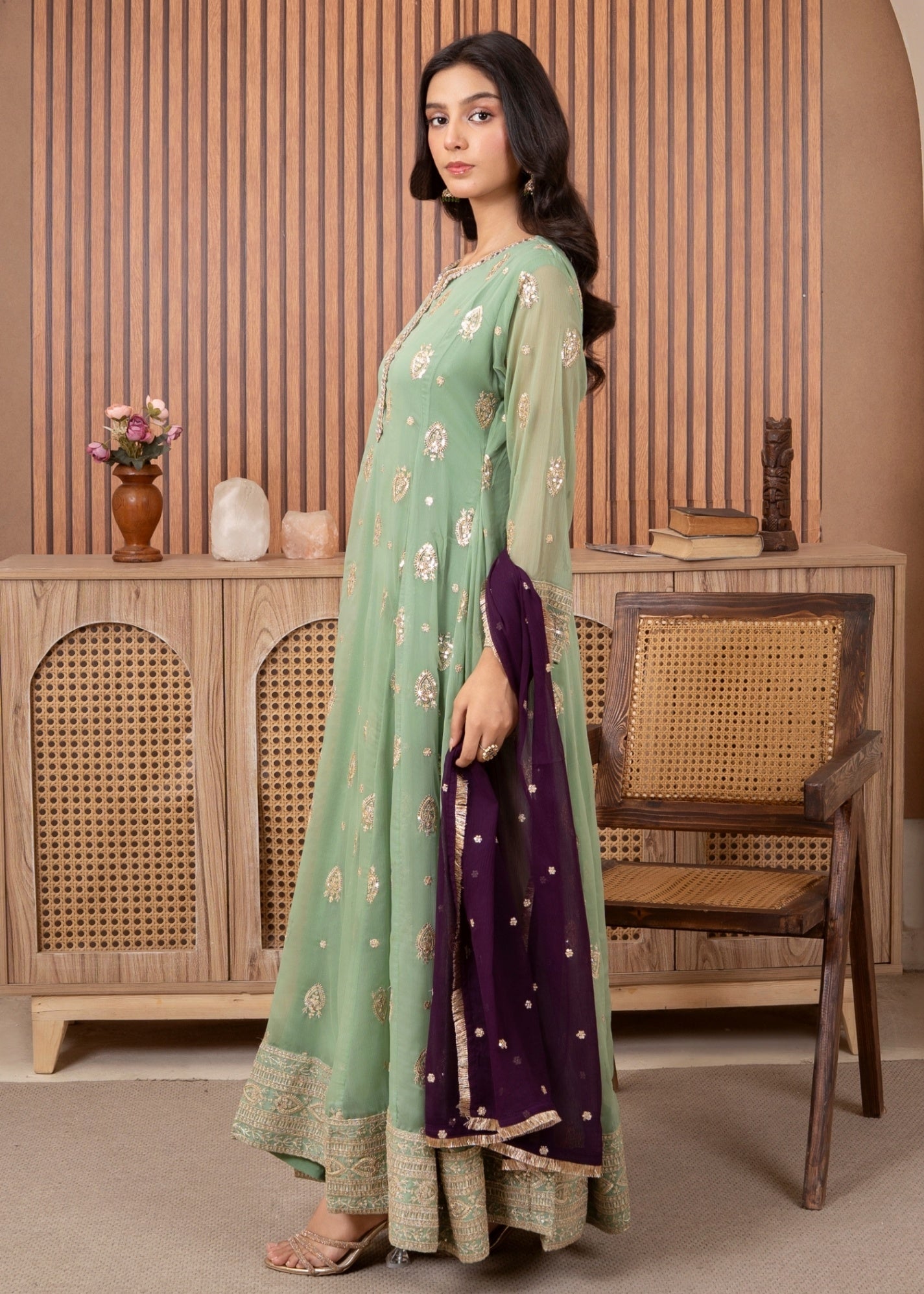 chiffon Pishwas in Pastel green