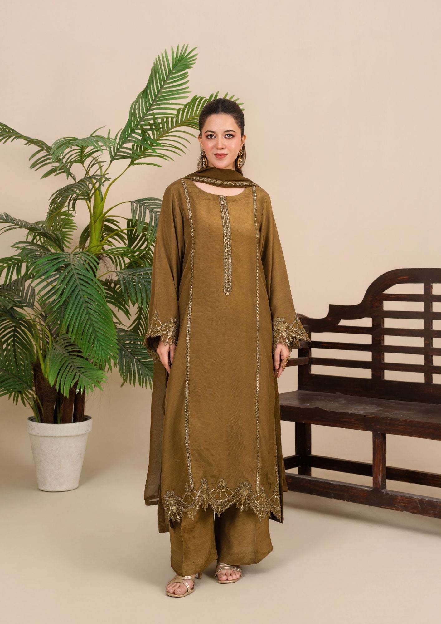viscose raw silk Kurta Set in Golden brown