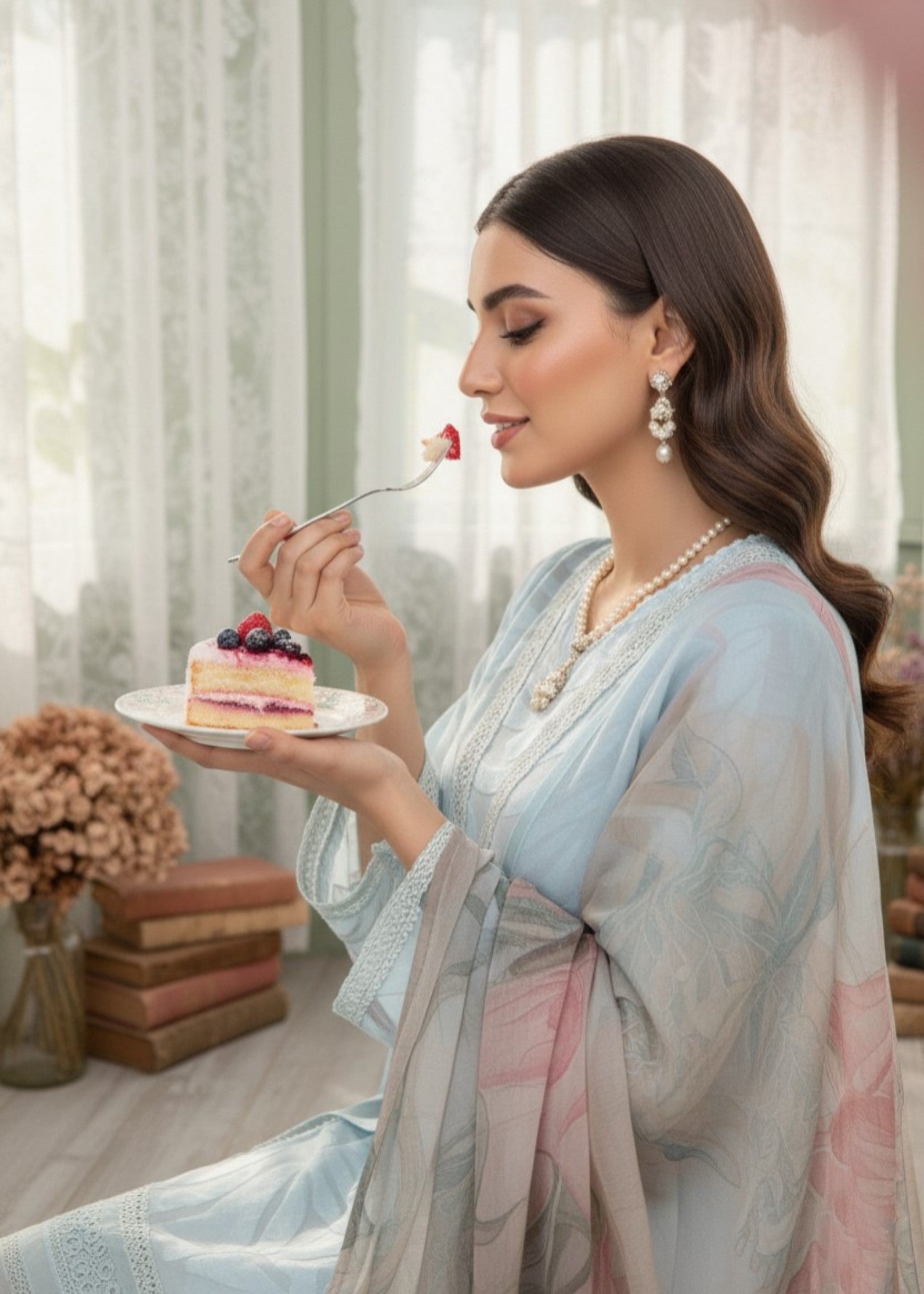 jacquard organza Kurta Set in Light blue