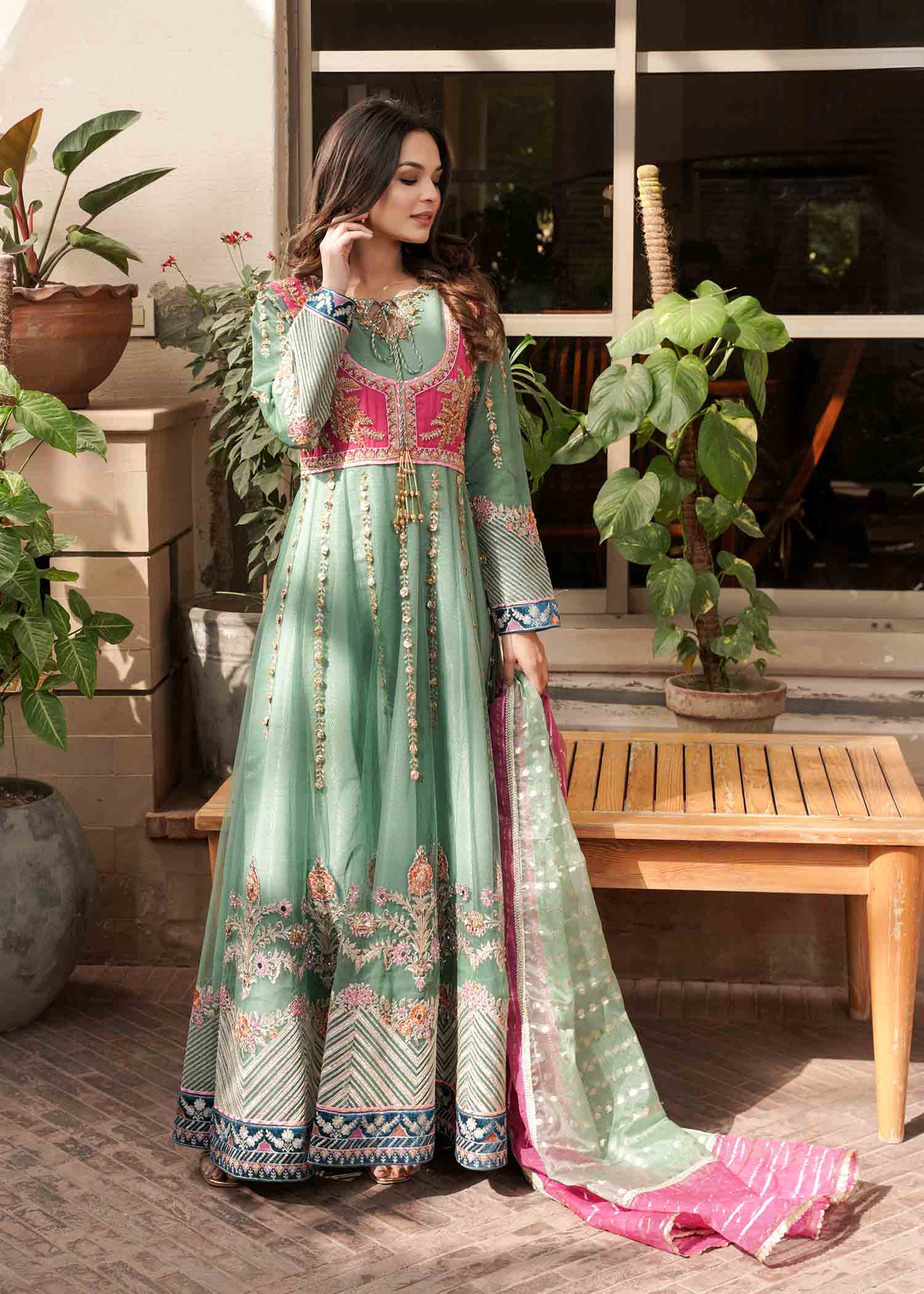 lurex organza Pishwas in Pastel green