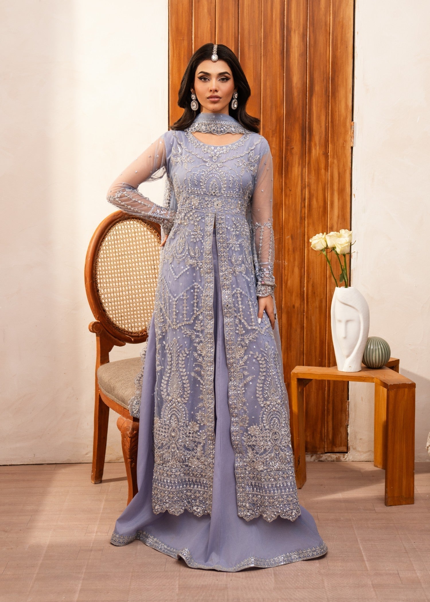net Lehenga in Steal grey