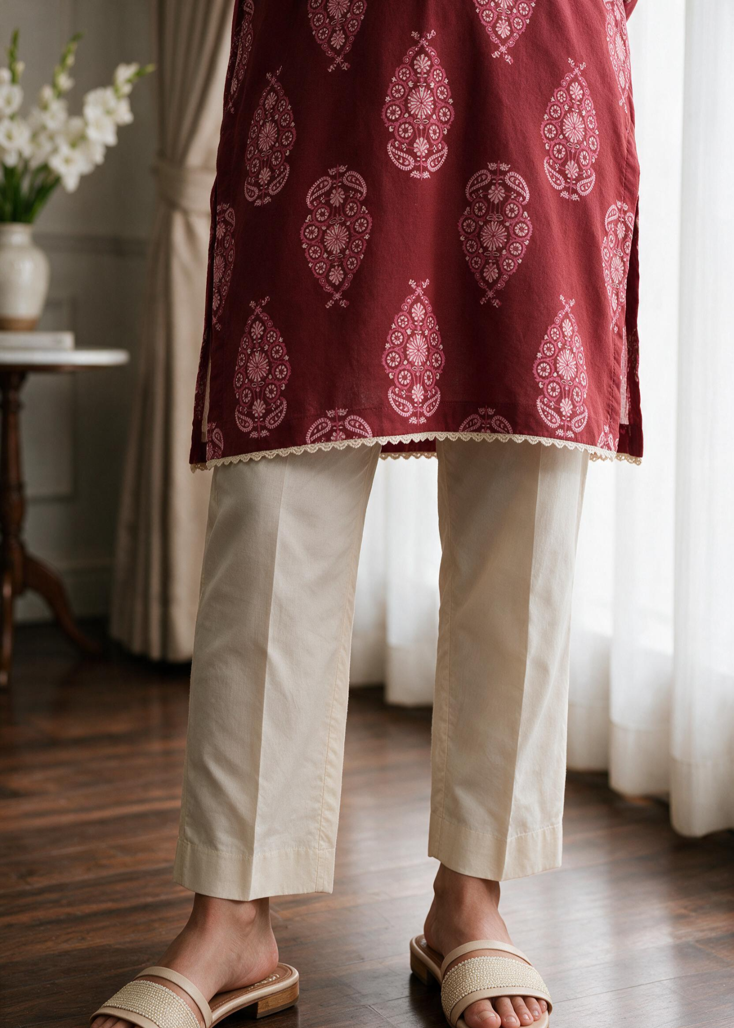 lawn Kurti in Rose red