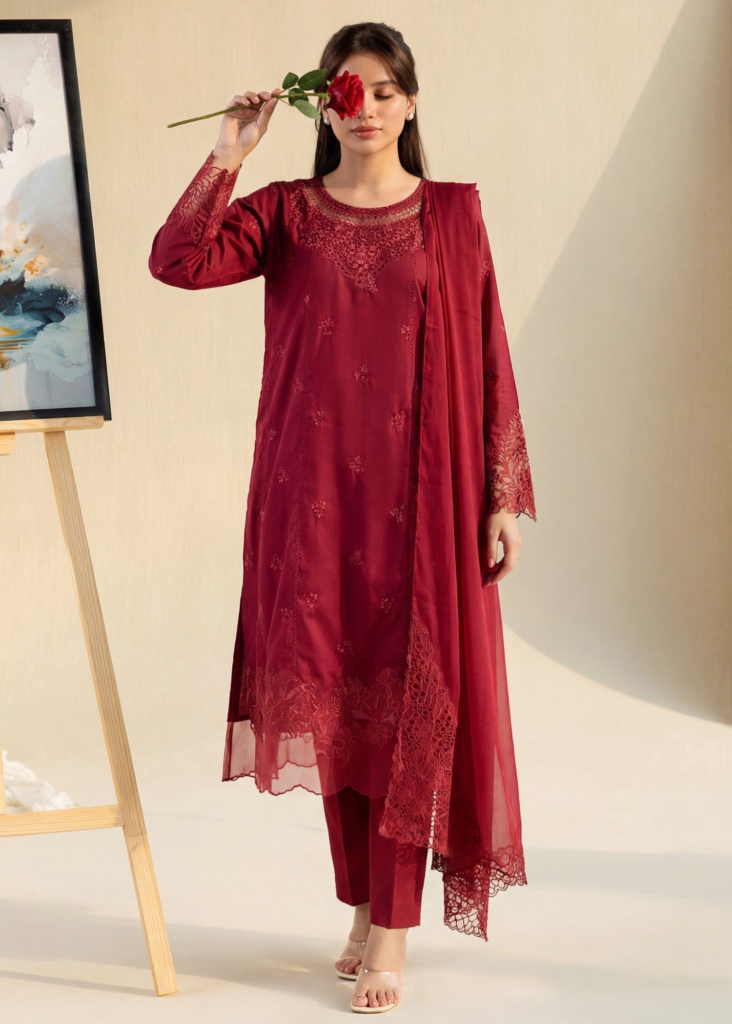 cotton Kurta Set in Maroon, brick red