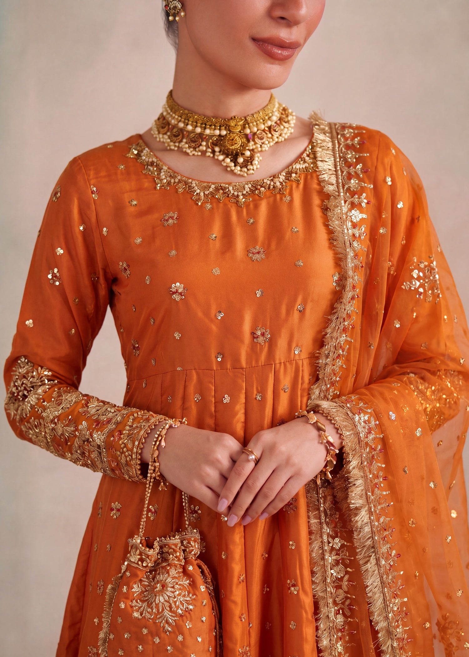 silk Pishwas in Rust orange
