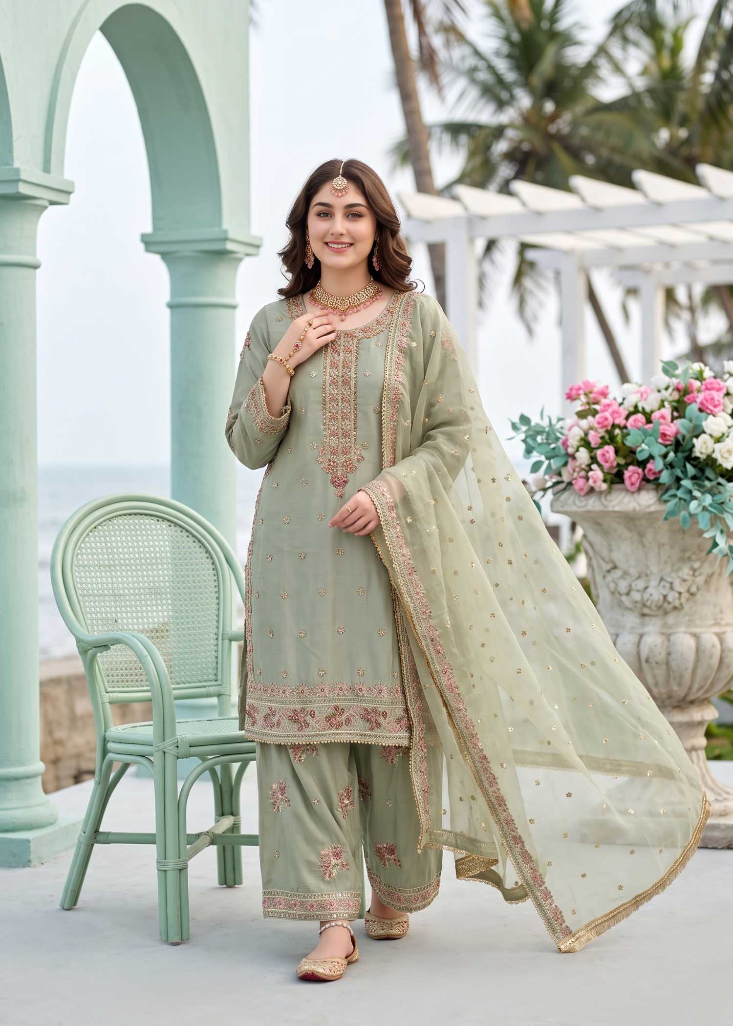 kattan silk Kurta Set in Tea green