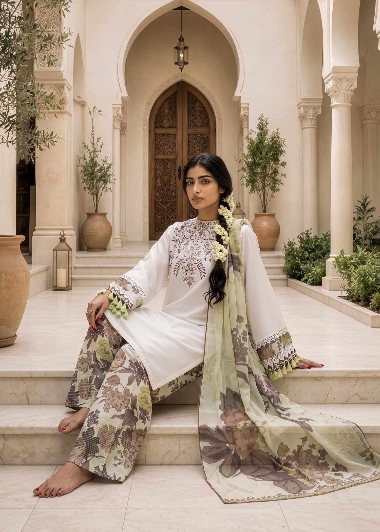 lawn cotton Kurta Set in Off-white