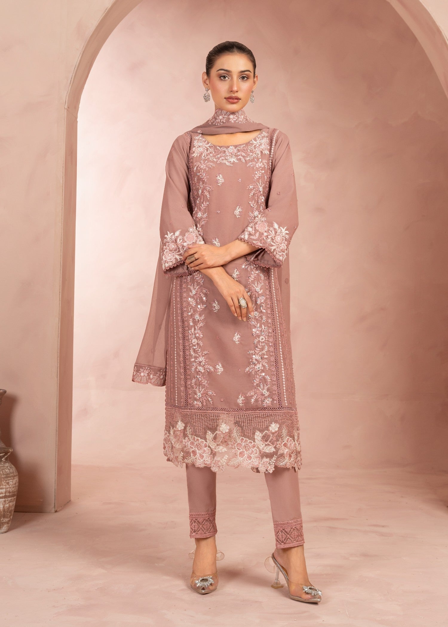 chiffon Kurta Set in Indian pink