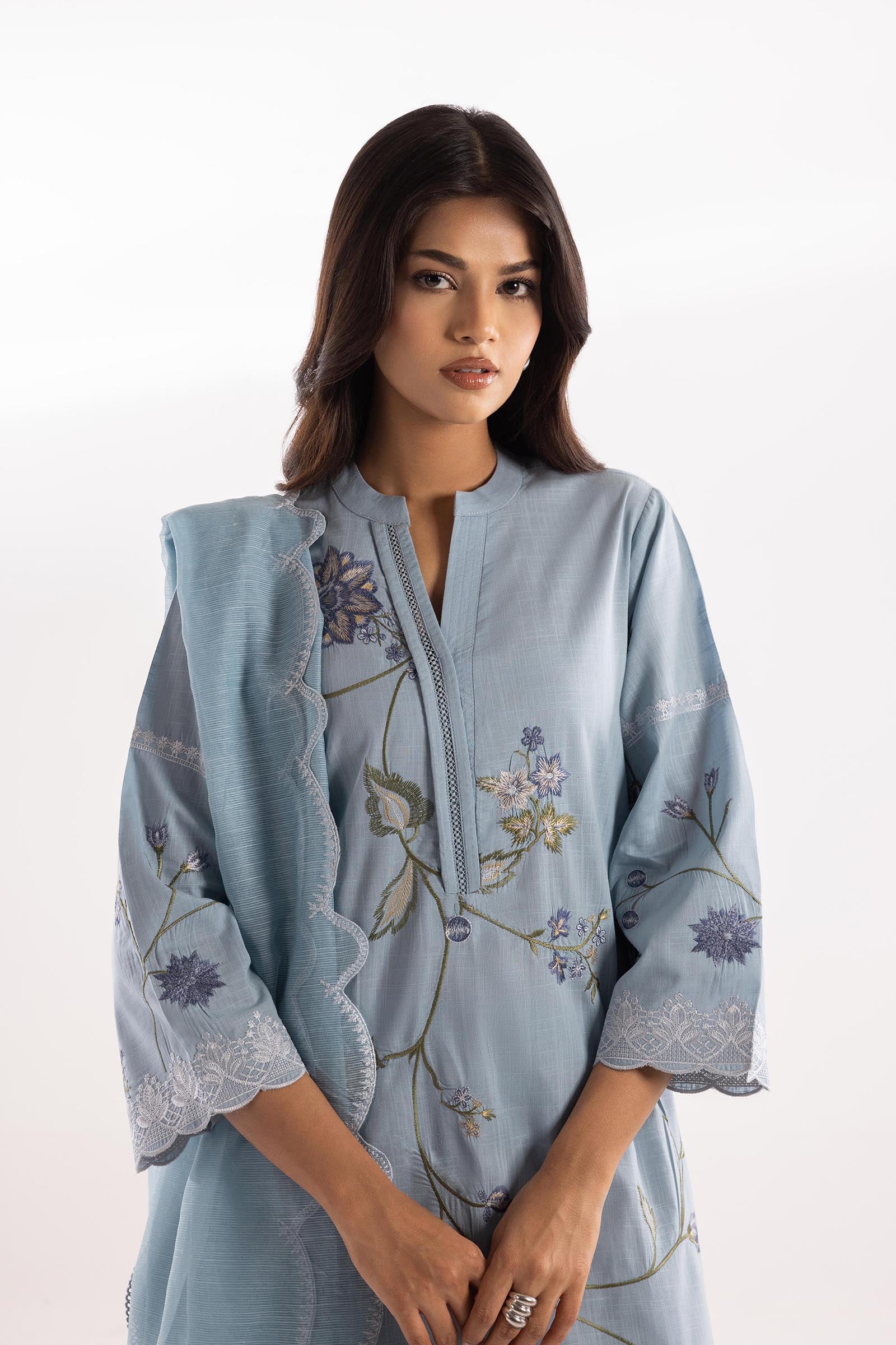 slub lawn Kurta Set in Light blue