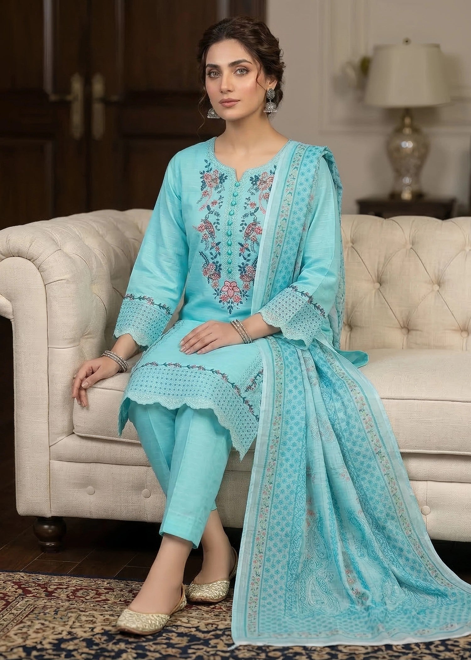 cambric cotton Kurta Set in Sky